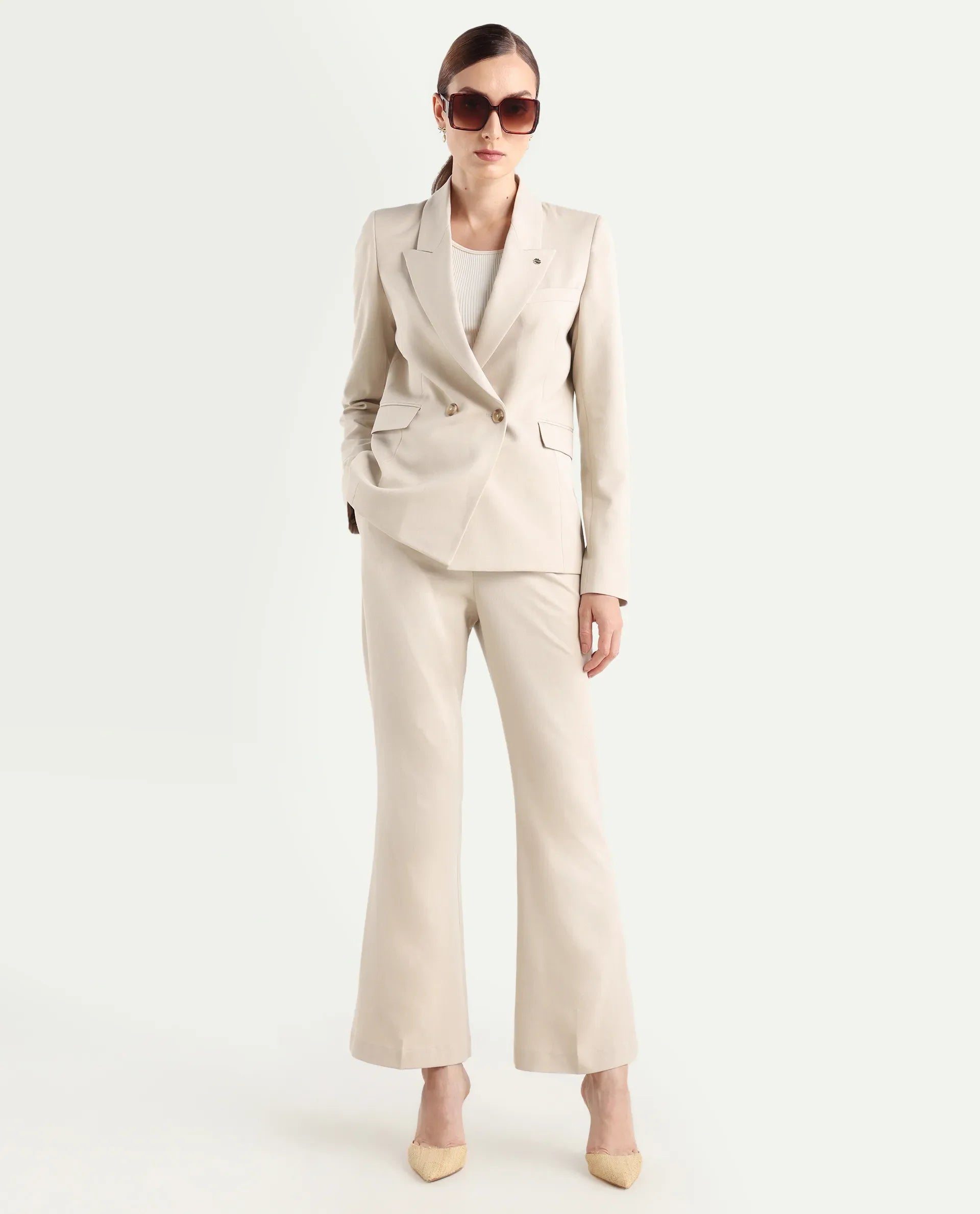 Rareism Women's Flare Beige Polyester Blend Bootcut Ankle Length Plain Travel Trouser