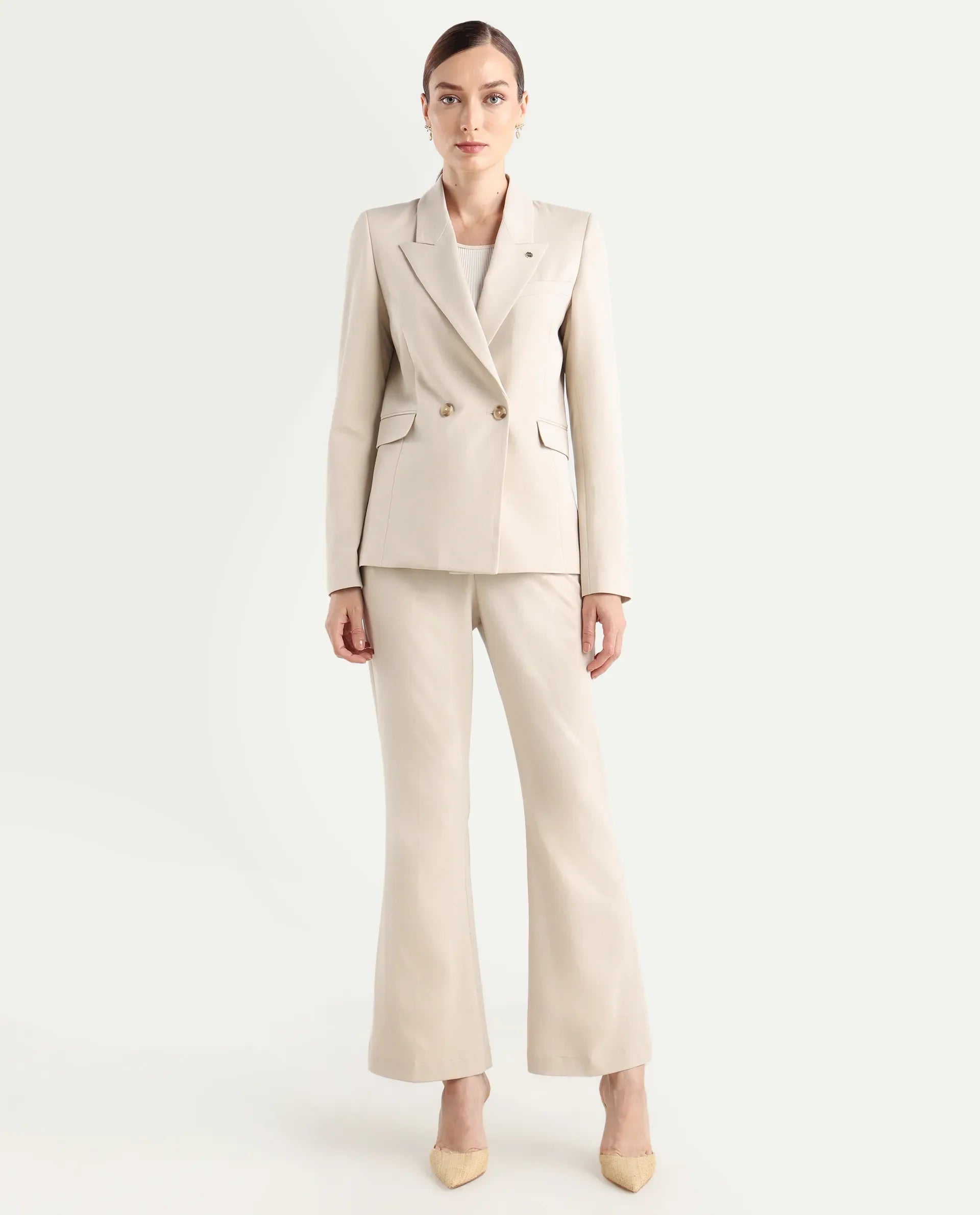 Rareism Women's Flare Beige Polyester Blend Bootcut Ankle Length Plain Travel Trouser