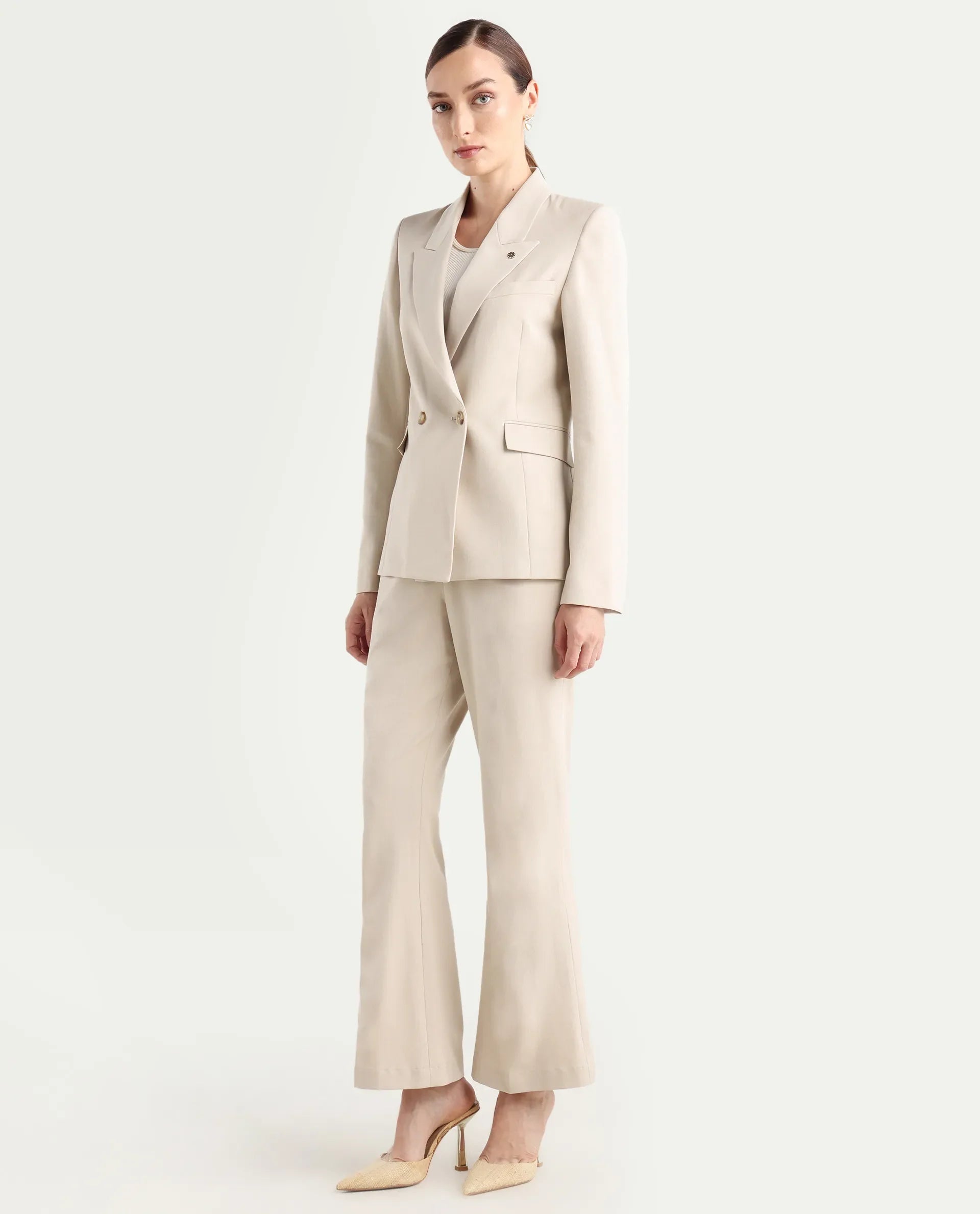 Rareism Women's Flare Beige Polyester Blend Bootcut Ankle Length Plain Travel Trouser