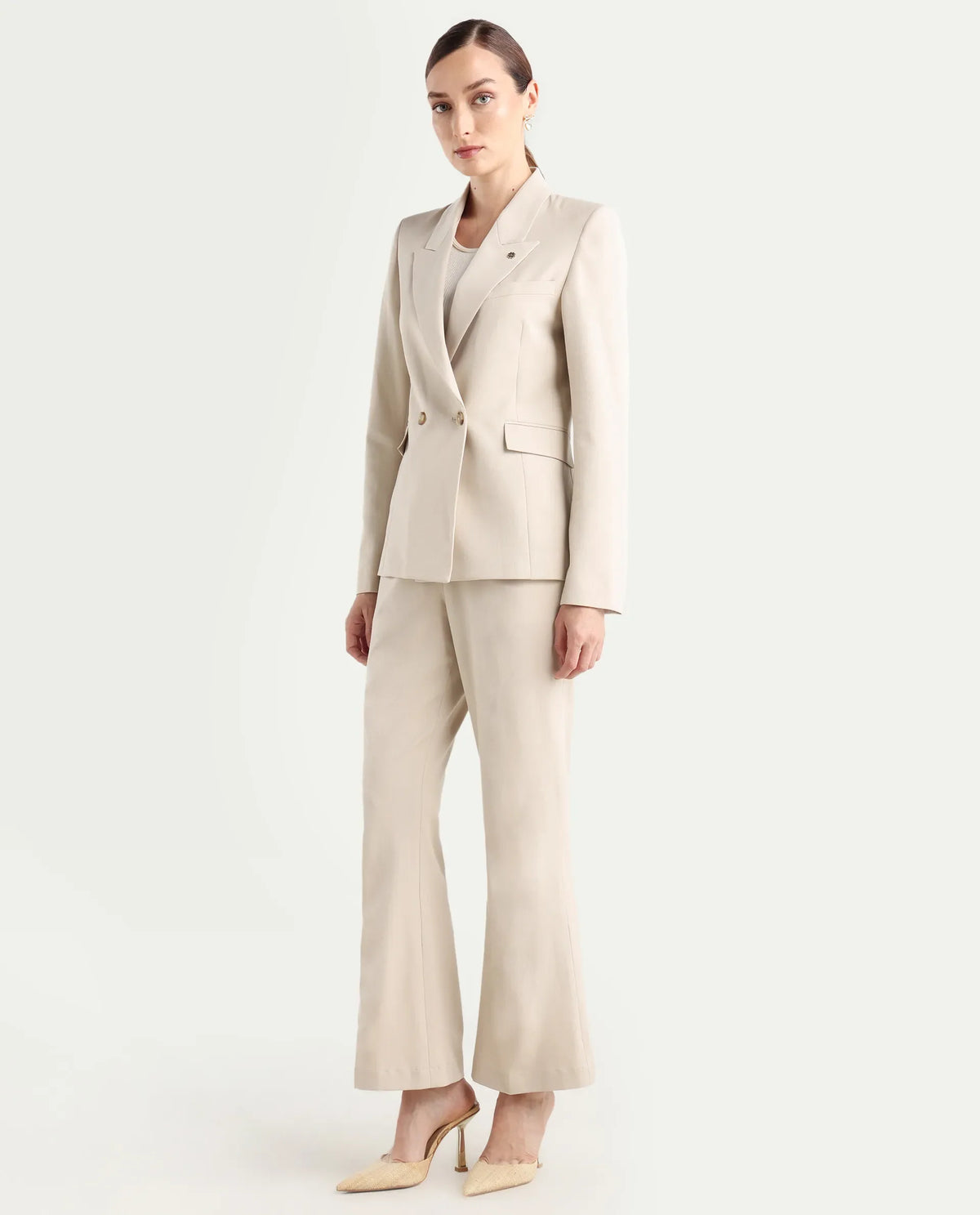 Rareism Women's Flare Beige Polyester Blend Bootcut Ankle Length Plain Travel Trouser