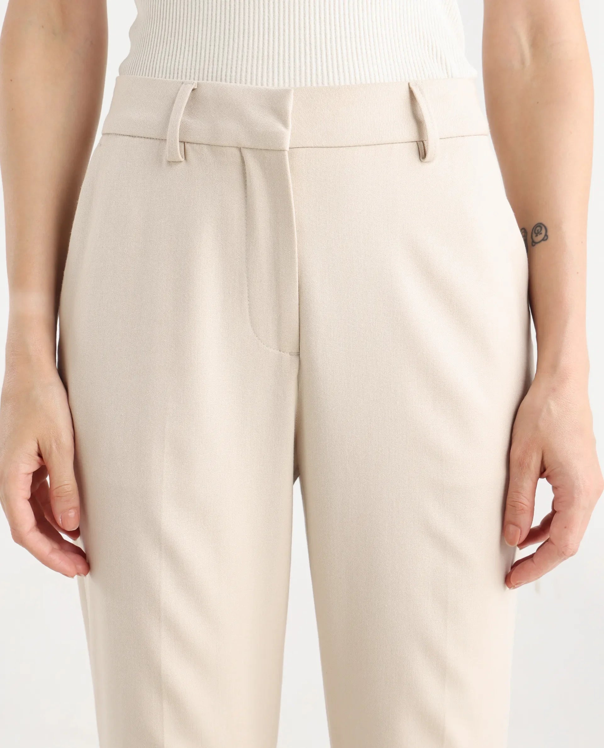 Rareism Women's Flare Beige Polyester Blend Bootcut Ankle Length Plain Travel Trouser