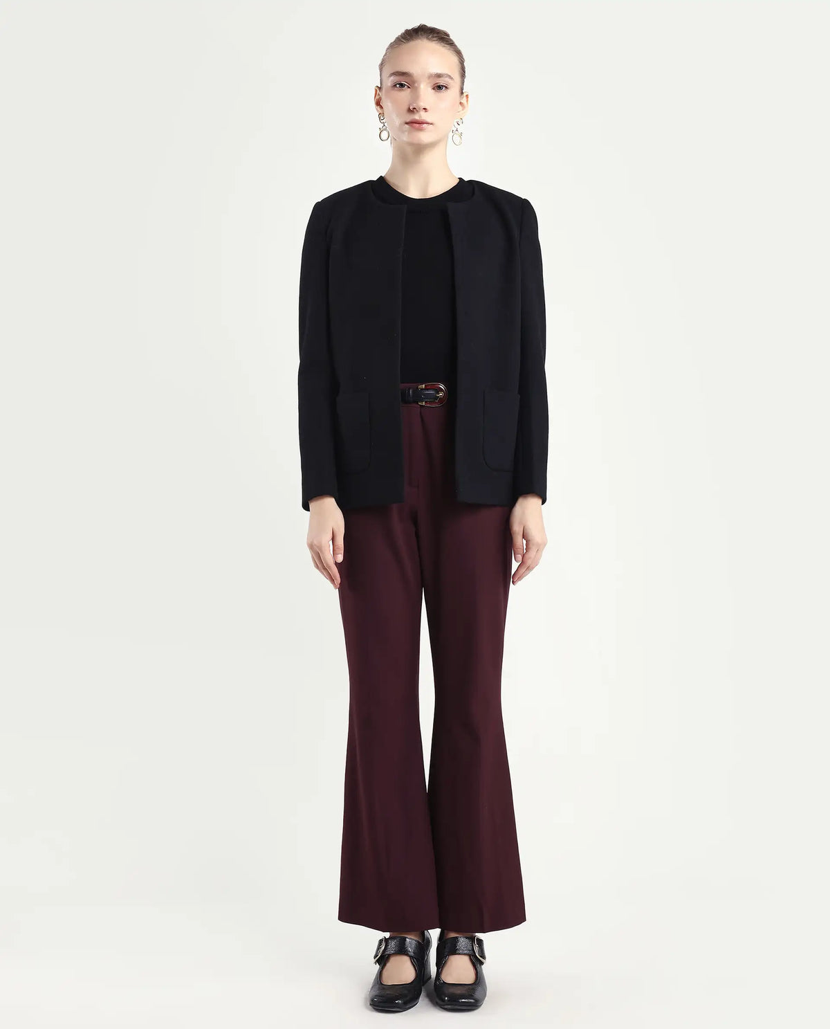 Rareism Women's Flare Deep Red Polyester Blend Bootcut Ankle Length Plain Travel Trouser
