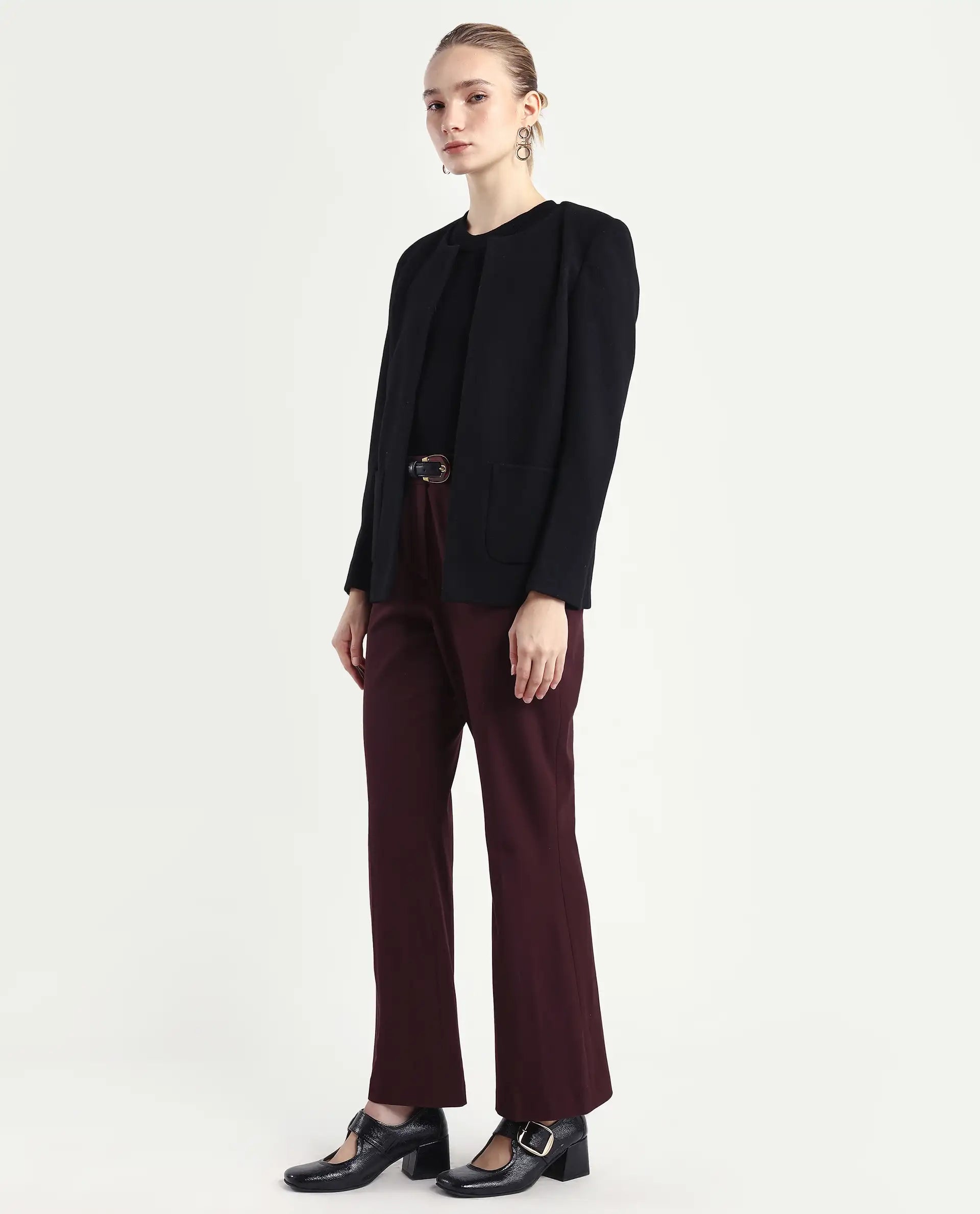 Rareism Women's Flare Deep Red Polyester Blend Bootcut Ankle Length Plain Travel Trouser