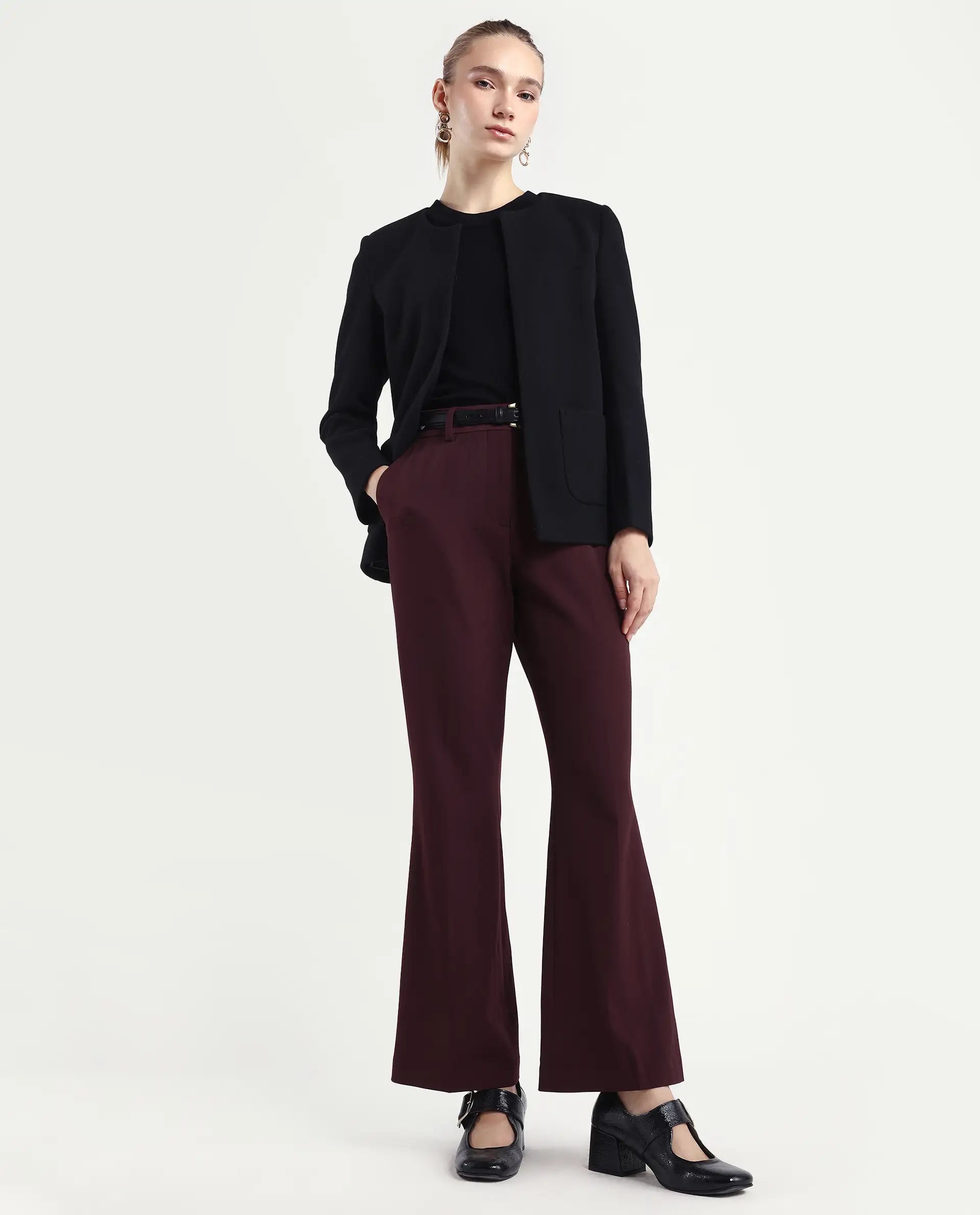 Rareism Women's Flare Deep Red Polyester Blend Bootcut Ankle Length Plain Travel Trouser