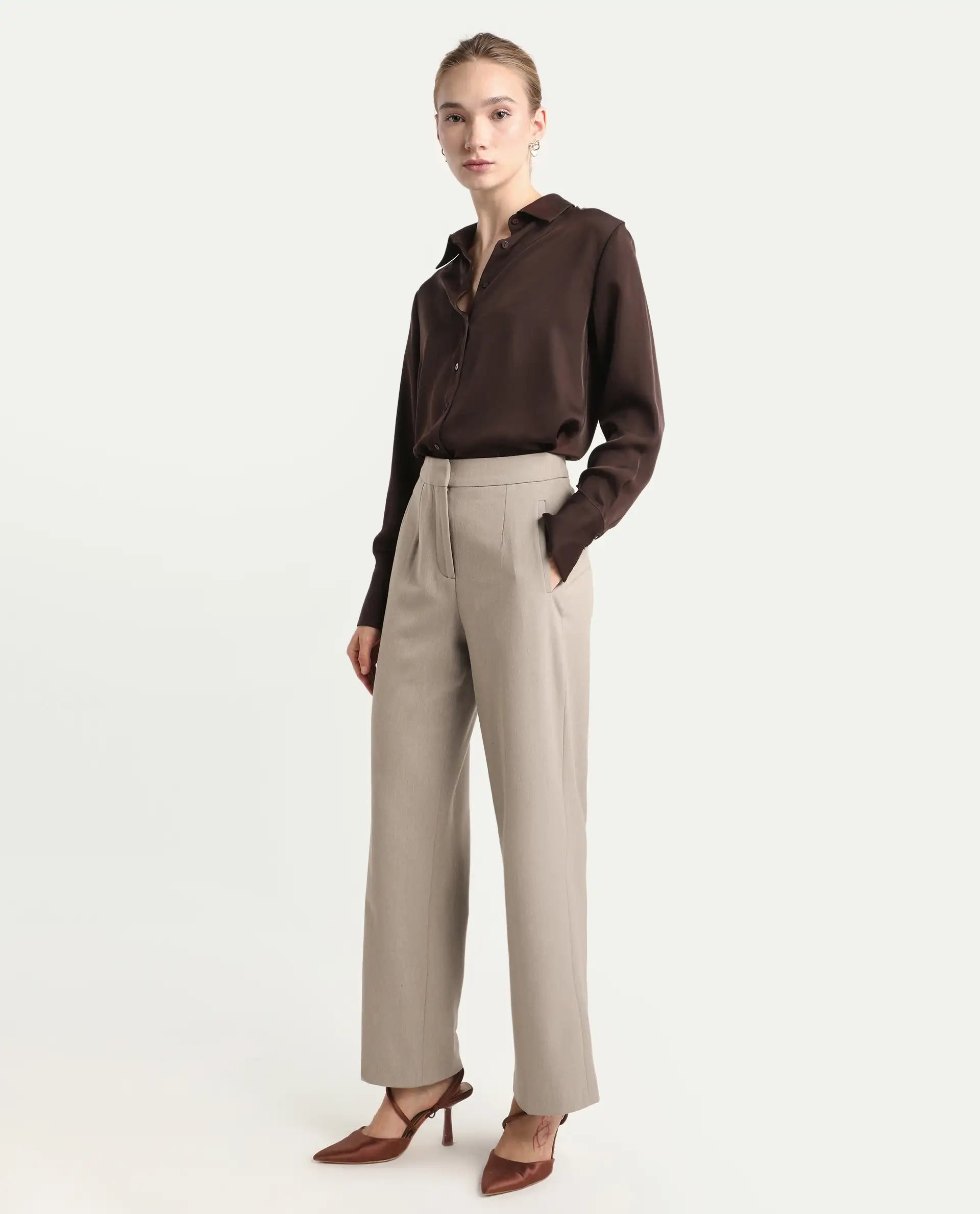 Rareism Women's Flare Fawn Polyester Blend Bootcut Ankle Length Plain Travel Trouser