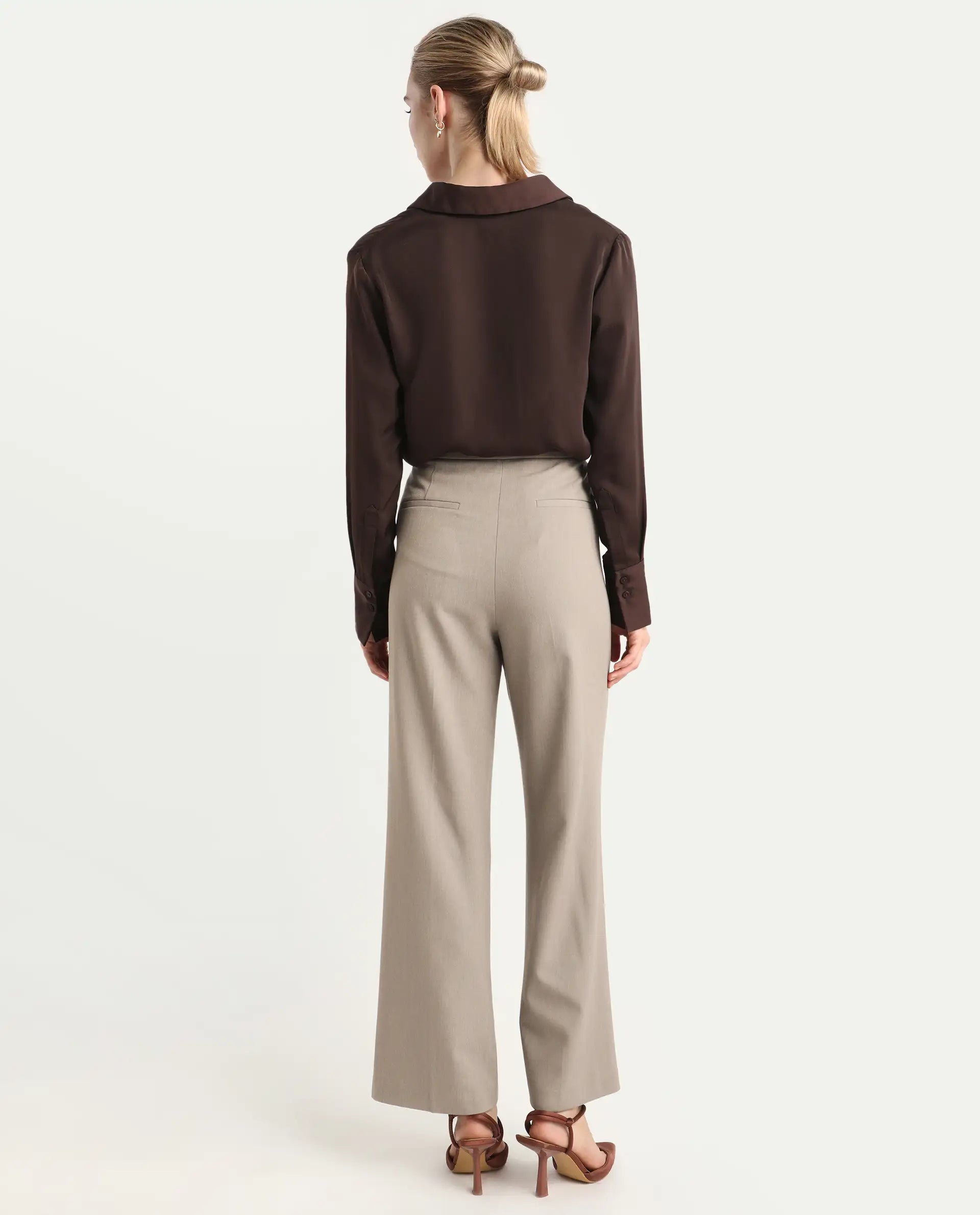 Rareism Women's Flare Fawn Polyester Blend Bootcut Ankle Length Plain Travel Trouser