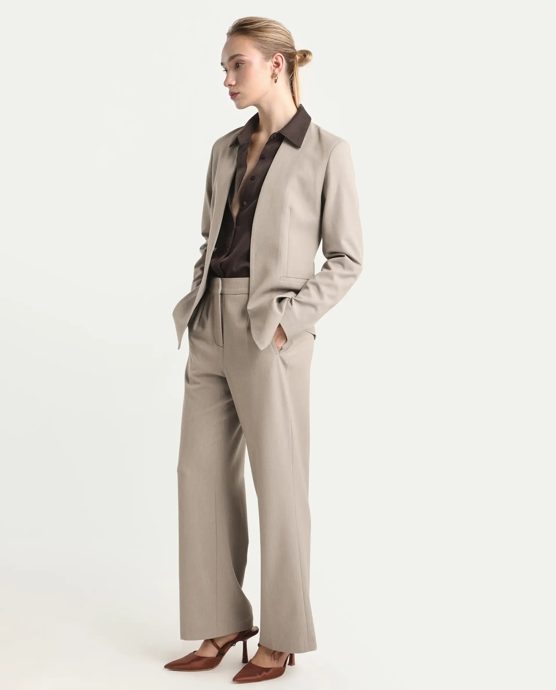 Rareism Women's Flare Fawn Polyester Blend Bootcut Ankle Length Plain Travel Trouser