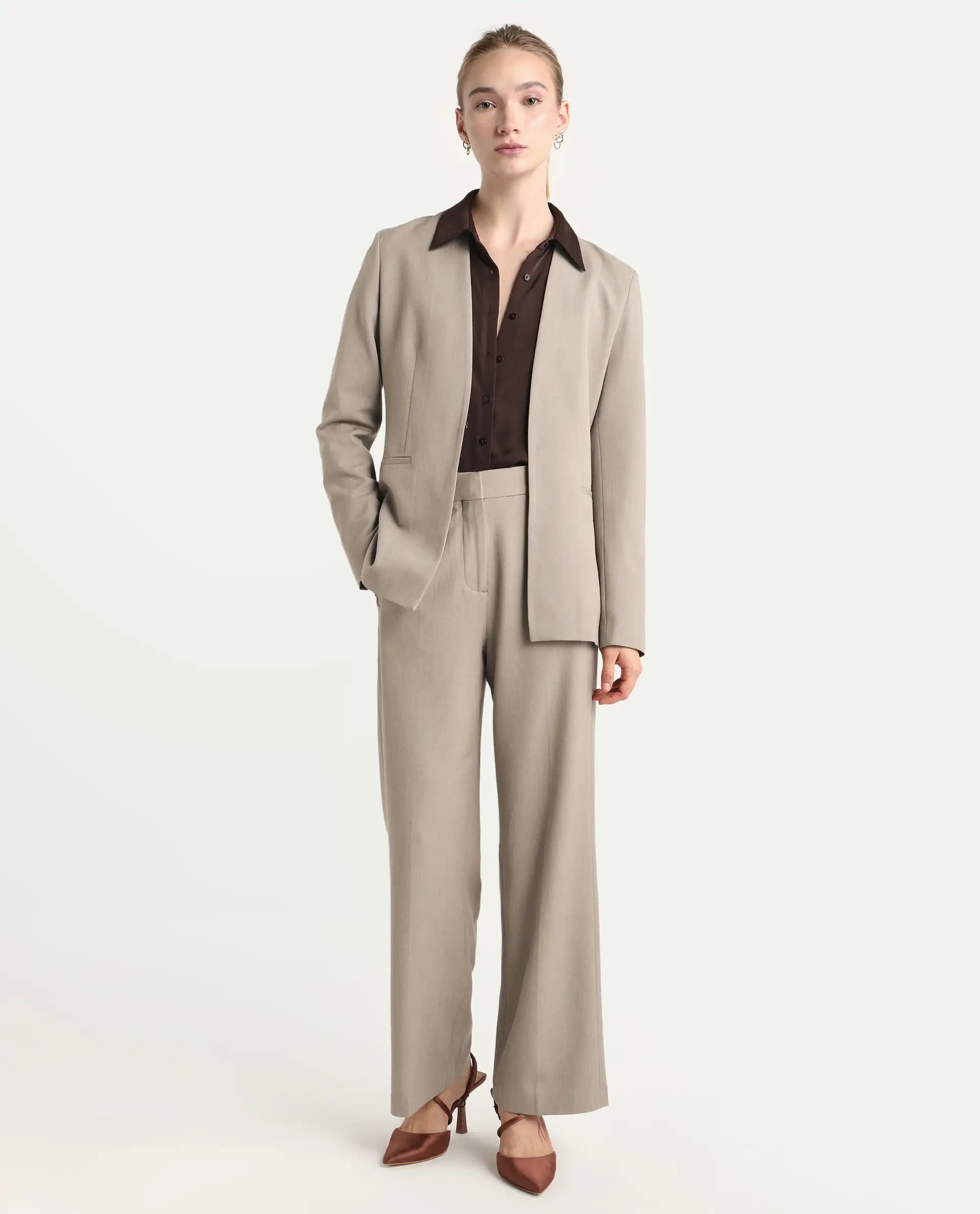 Rareism Women's Flare Fawn Polyester Blend Bootcut Ankle Length Plain Travel Trouser