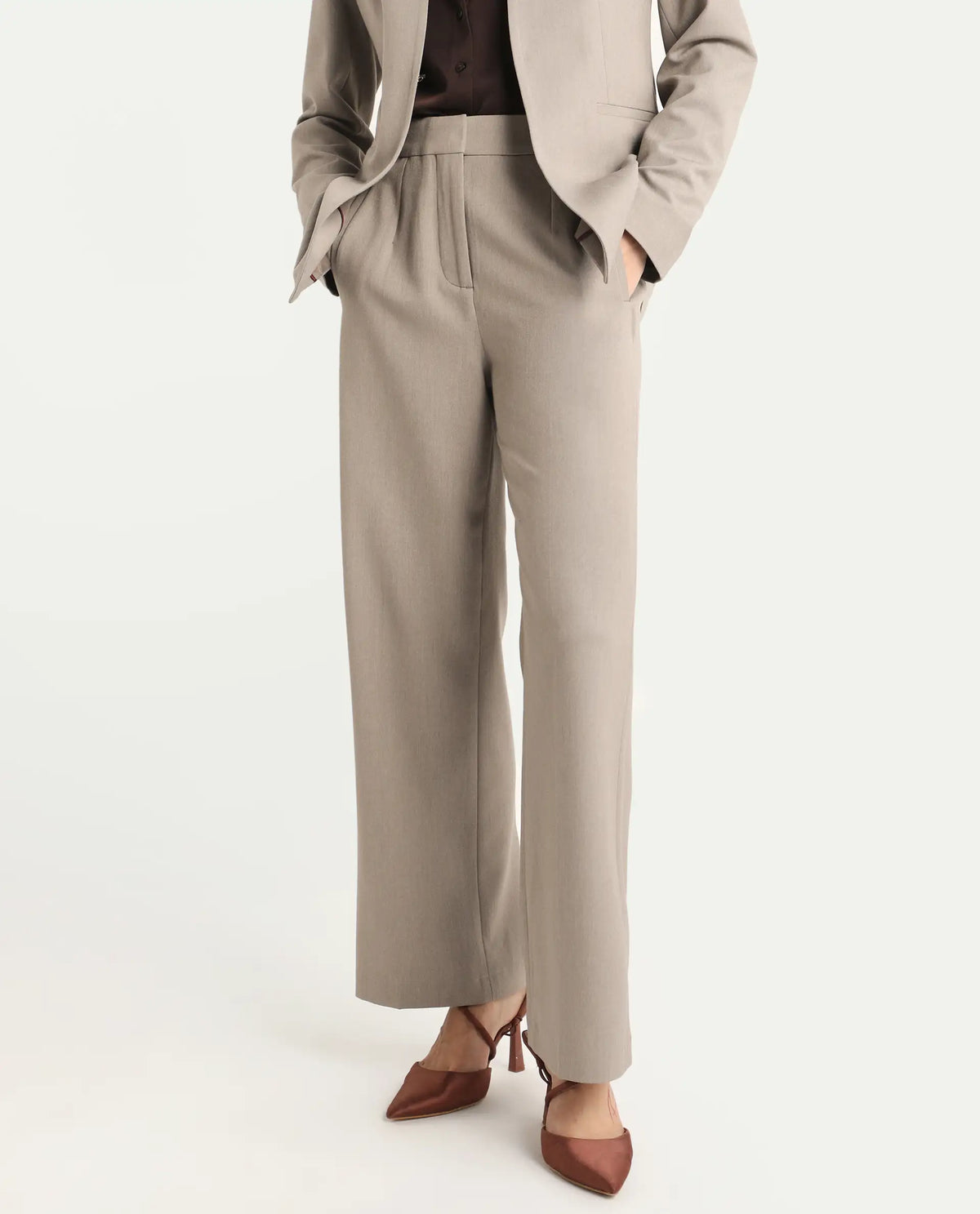 Rareism Women's Flare Fawn Polyester Blend Bootcut Ankle Length Plain Travel Trouser