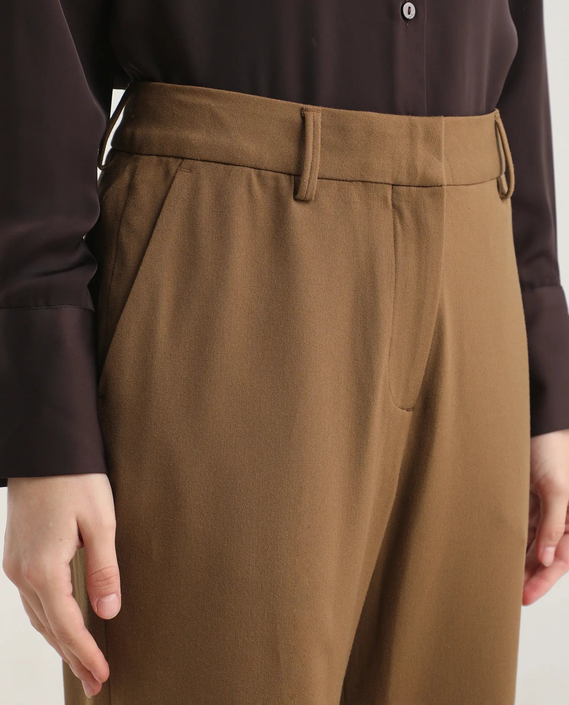 Rareism Women's Flare Light Brown Polyester Blend Bootcut Ankle Length Plain Travel Trouser