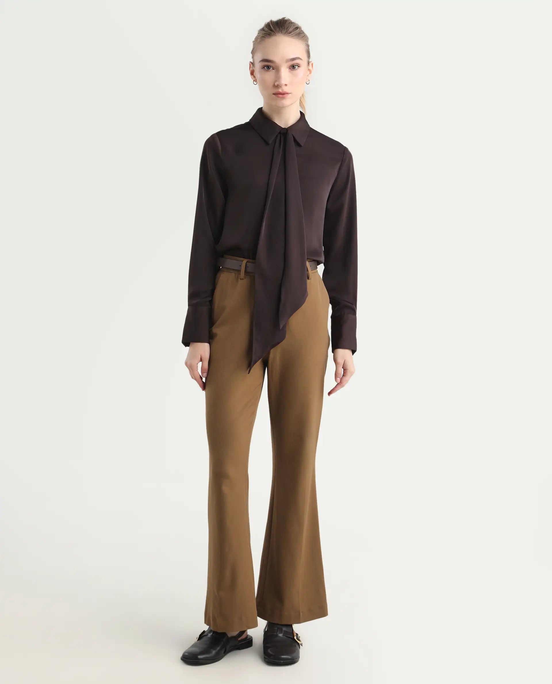 Rareism Women's Flare Light Brown Polyester Blend Bootcut Ankle Length Plain Travel Trouser