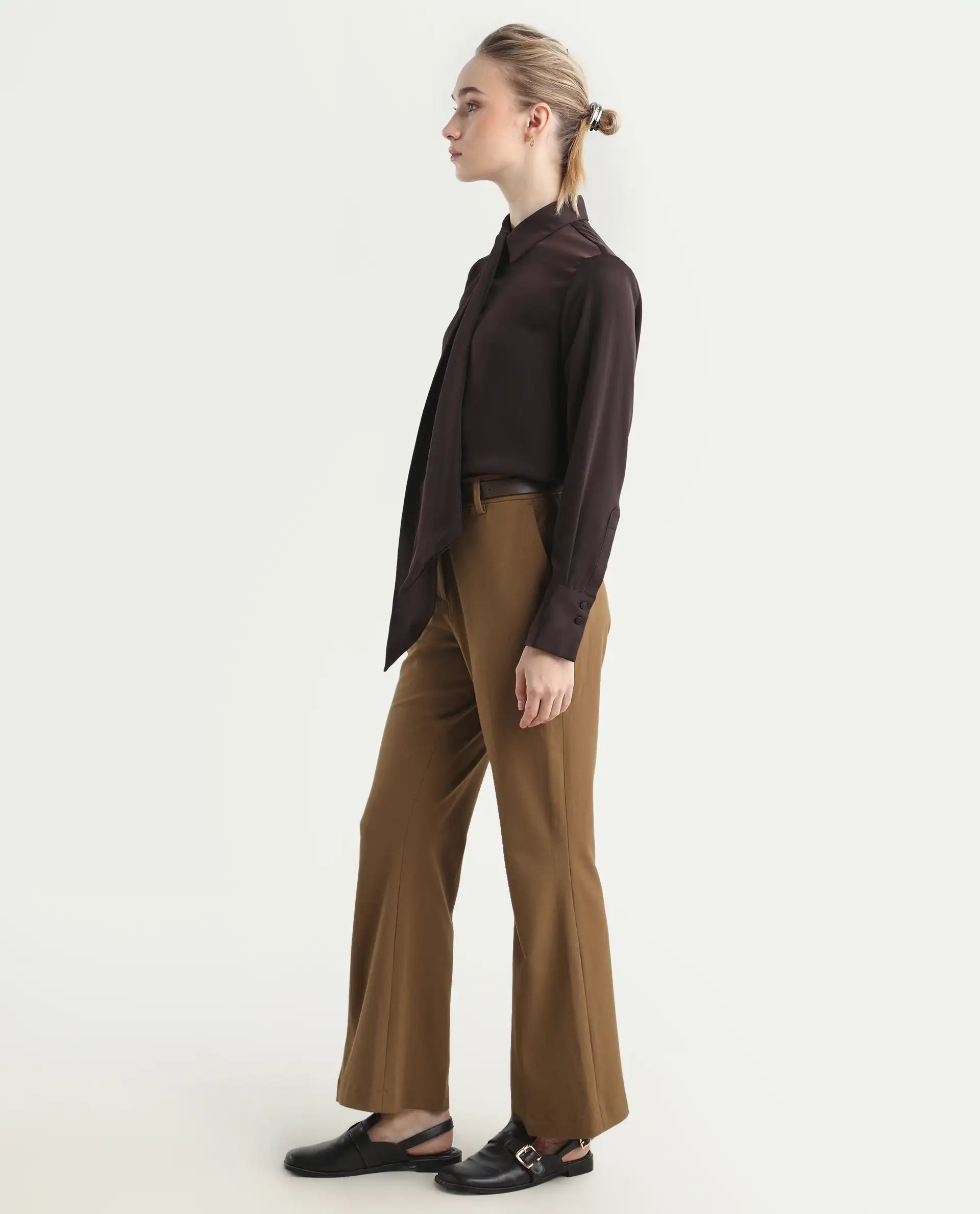 Rareism Women's Flare Light Brown Polyester Blend Bootcut Ankle Length Plain Travel Trouser