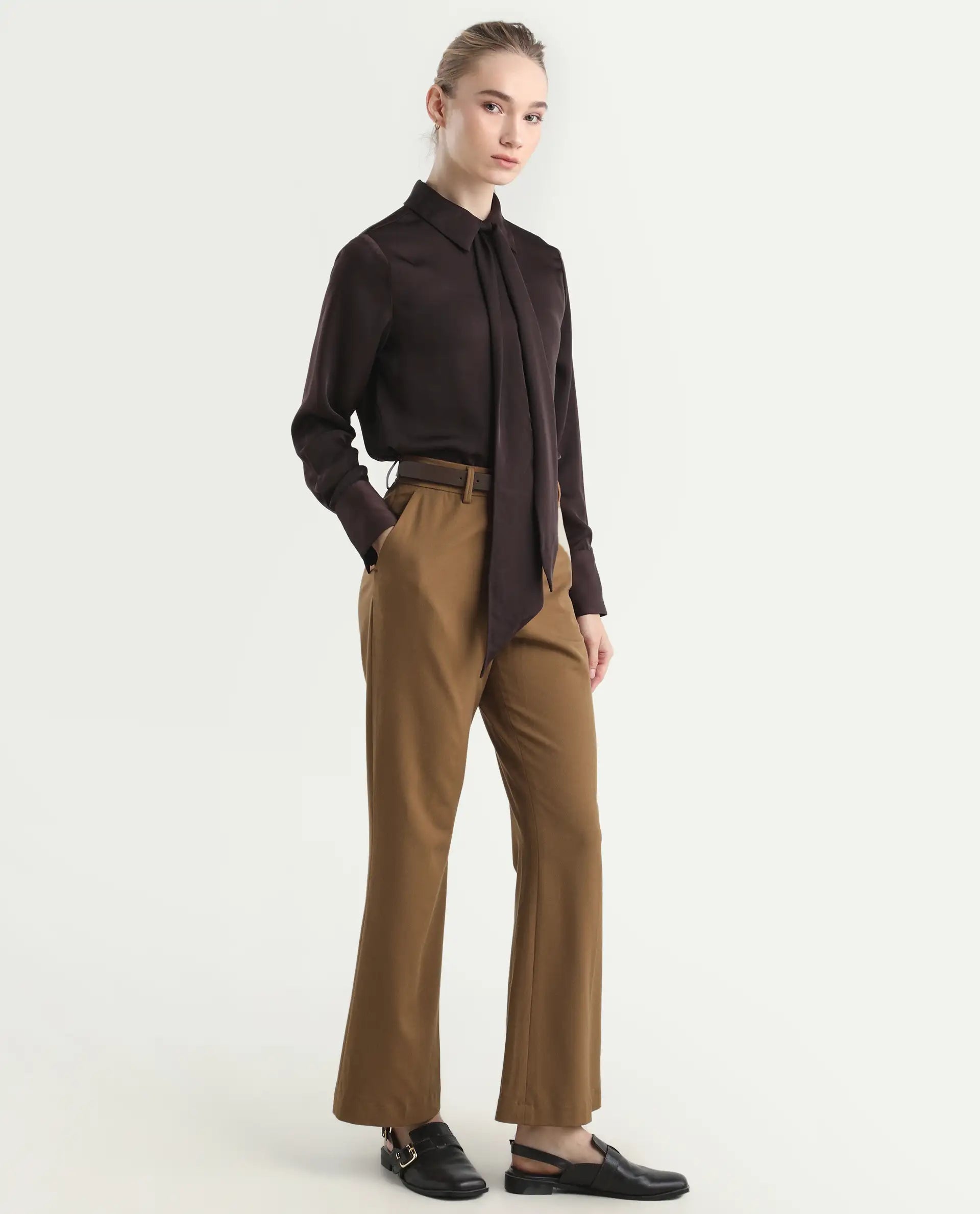 Rareism Women's Flare Light Brown Polyester Blend Bootcut Ankle Length Plain Travel Trouser