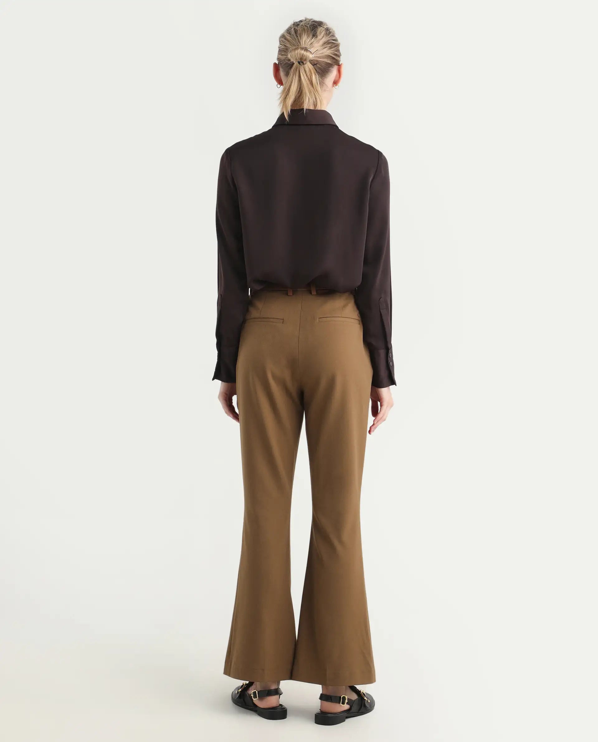 Rareism Women's Flare Light Brown Polyester Blend Bootcut Ankle Length Plain Travel Trouser