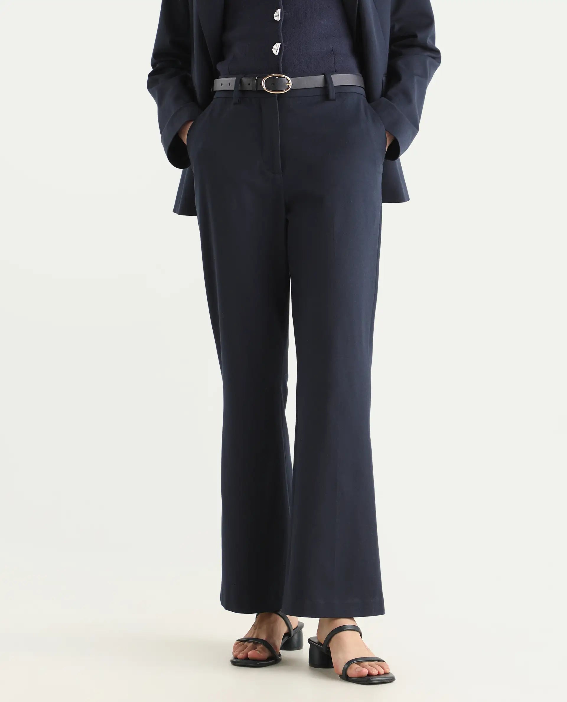 Rareism Women's Flare Navy Polyester Blend Bootcut Ankle Length Plain Travel Trouser