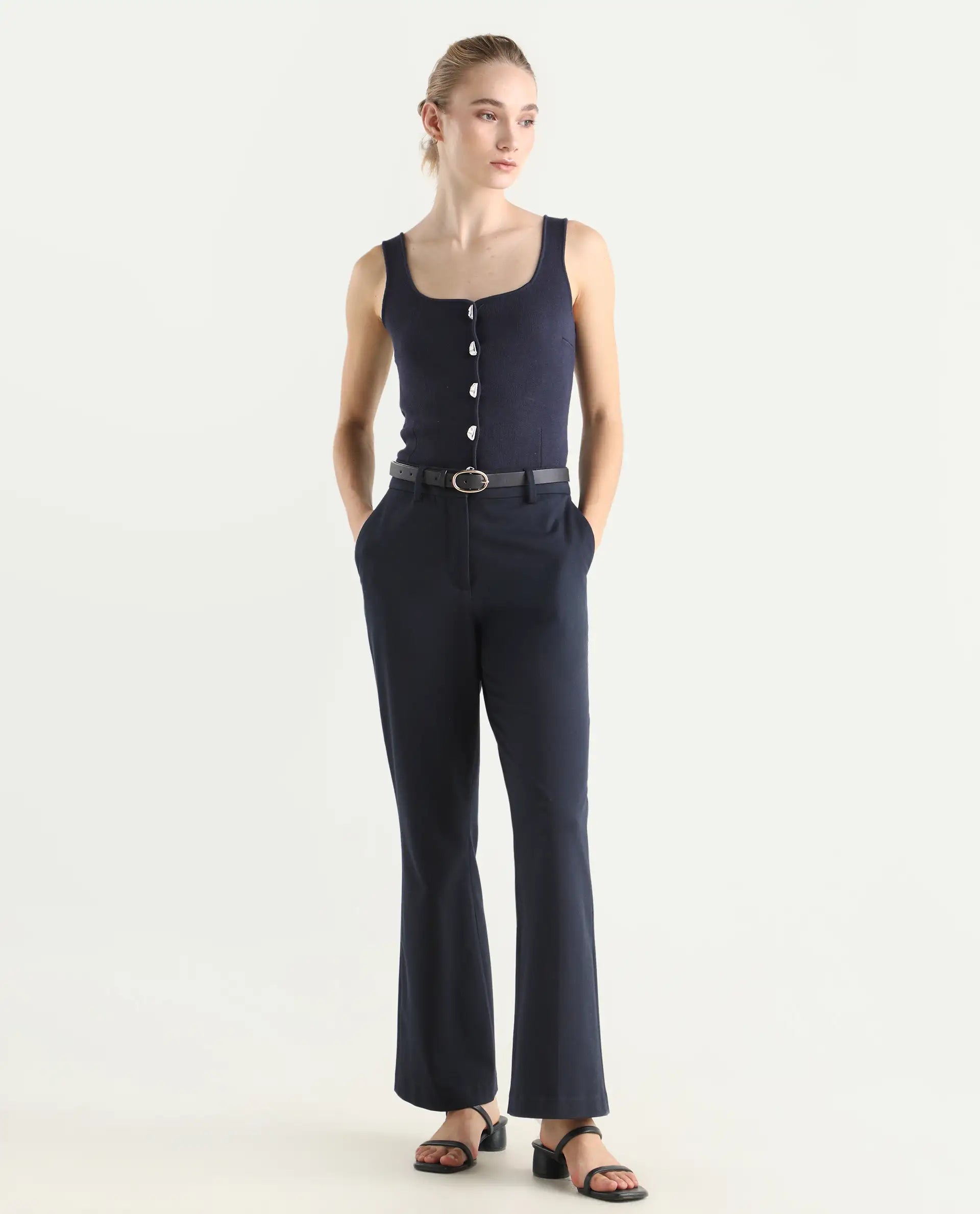 Rareism Women's Flare Navy Polyester Blend Bootcut Ankle Length Plain Travel Trouser