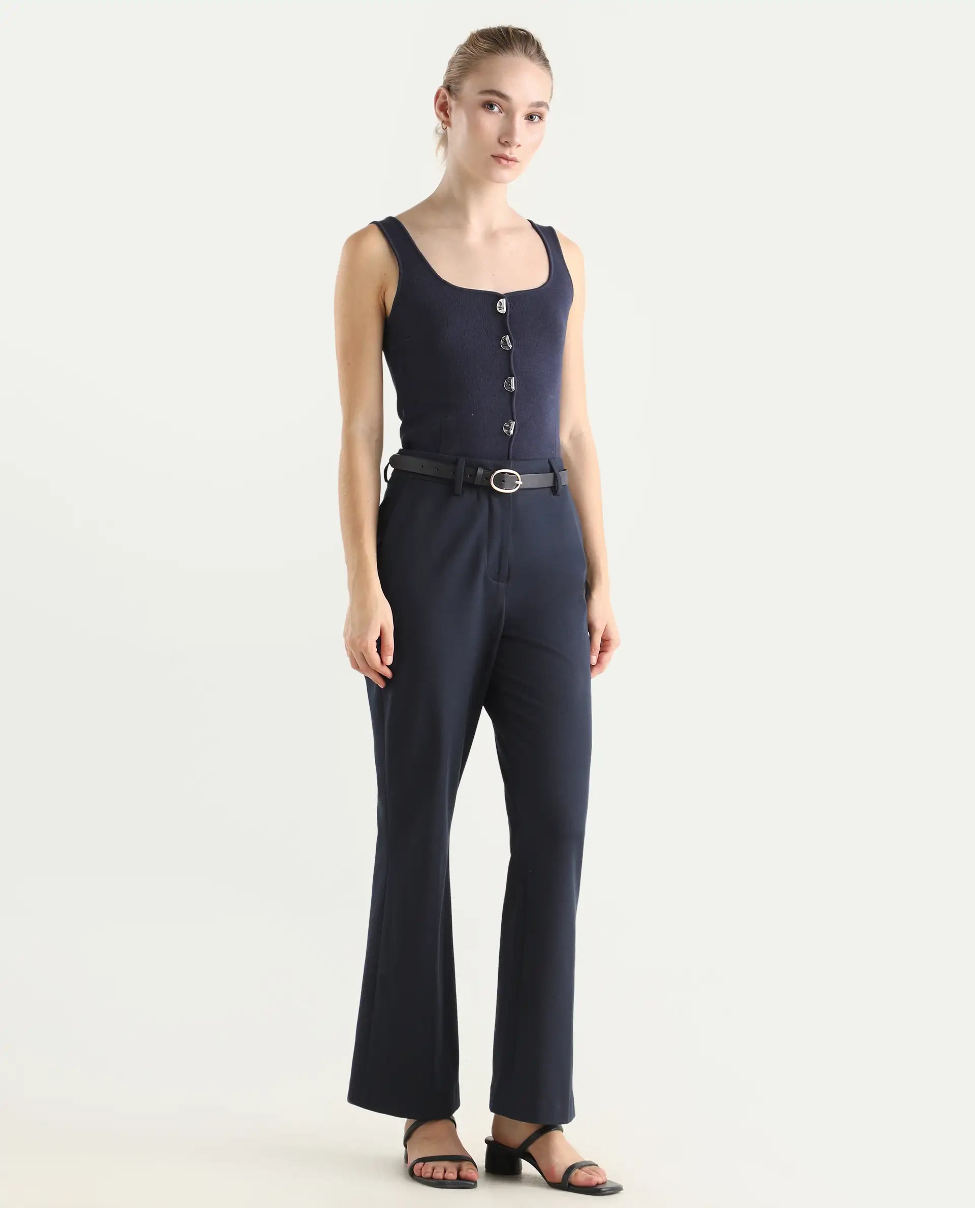 Rareism Women's Flare Navy Polyester Blend Bootcut Ankle Length Plain Travel Trouser