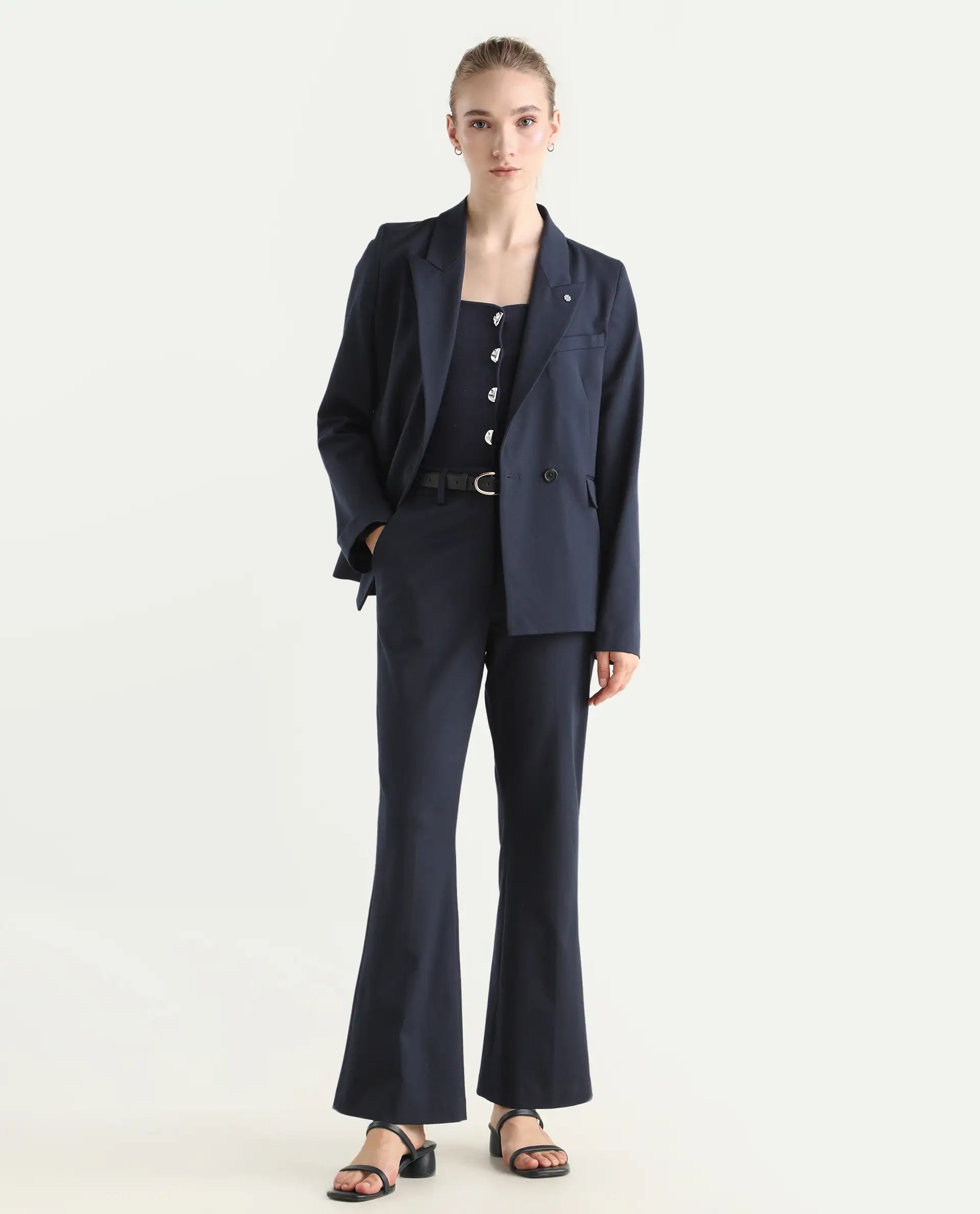 Rareism Women's Flare Navy Polyester Blend Bootcut Ankle Length Plain Travel Trouser