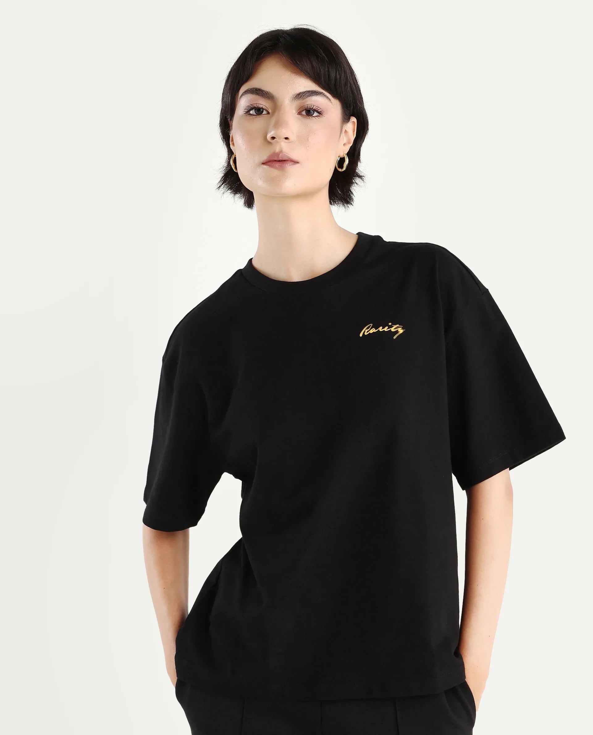 Rareism Women's Flex Black Cotton Blend Crew Neck Graphic Print Oversized T-Shirt