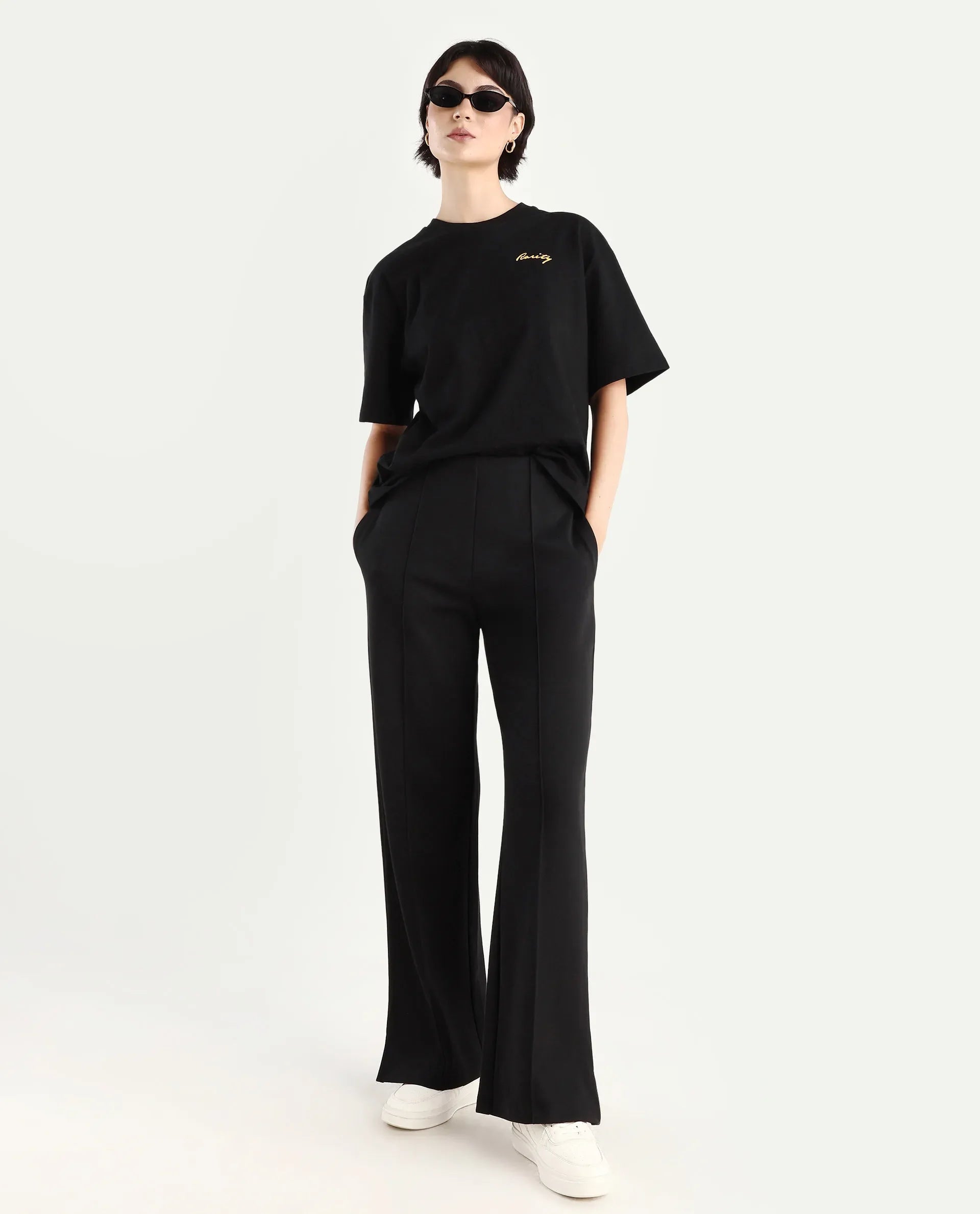 Rareism Women's Flex Black Cotton Blend Crew Neck Graphic Print Oversized T-Shirt
