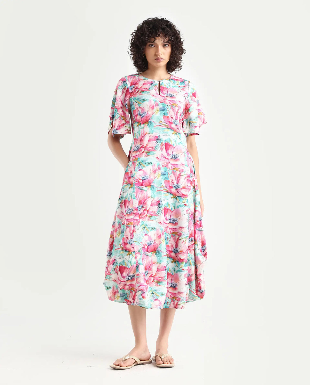 Rareism Women's Flonki Pastel Green Viscose Crew Neck Floral Print Bell Sleeve Midi Regular Fit Dress