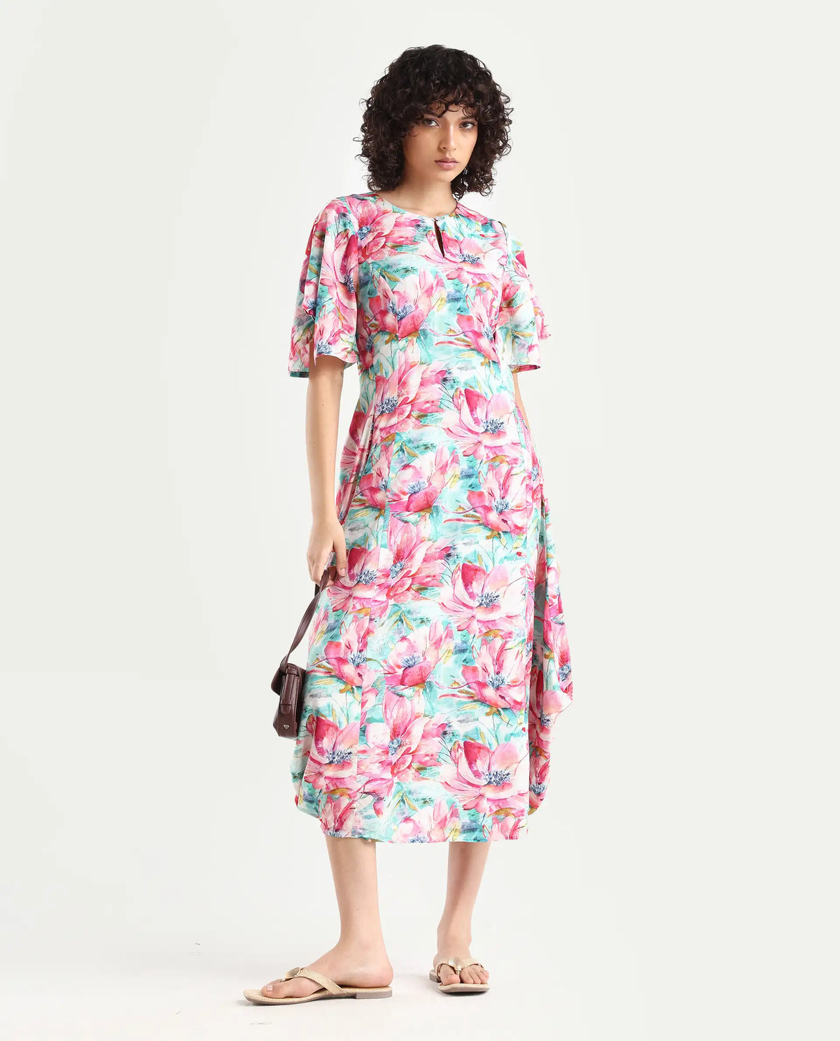 Rareism Women's Flonki Pastel Green Viscose Crew Neck Floral Print Bell Sleeve Midi Regular Fit Dress