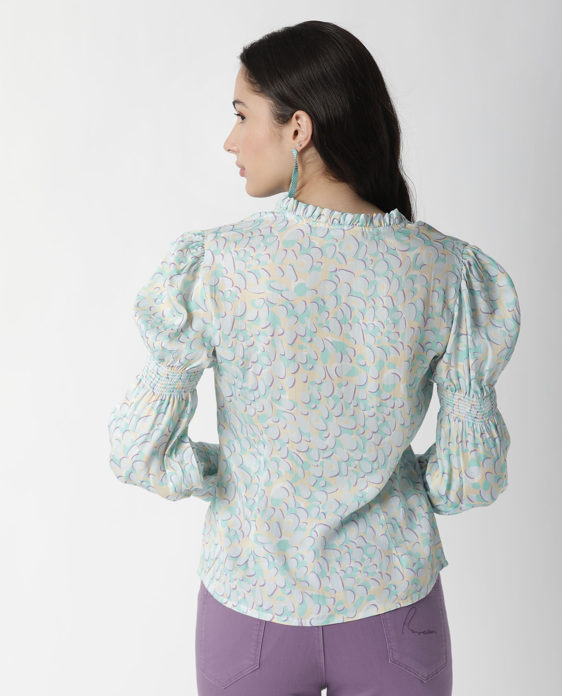 Rareism Womens Floor Purple Top Modal Satin Fabric Regular Fit Full Sleeve Ruffled Neck