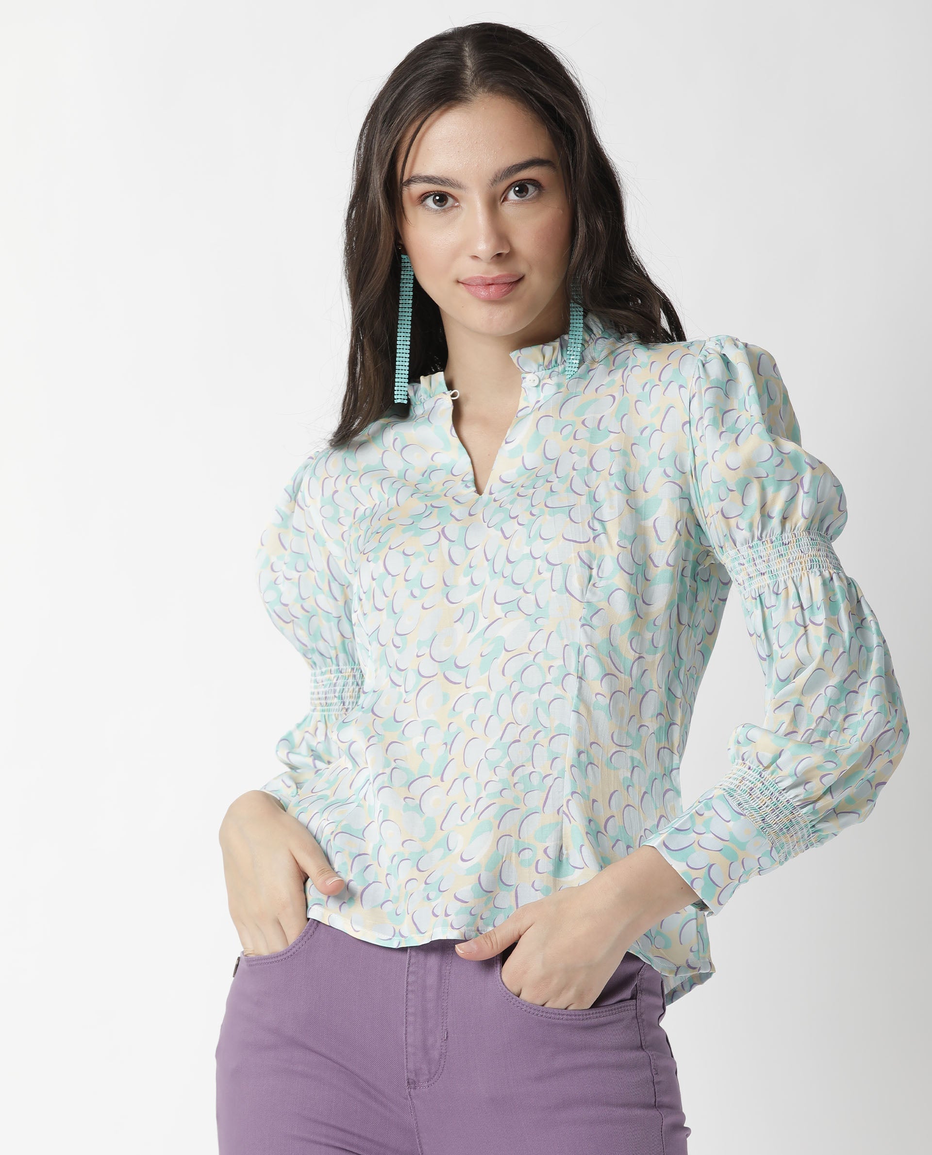 Rareism Women's Floor Purple Sweetheart Neck Printed Knee Length Slim Fit Top