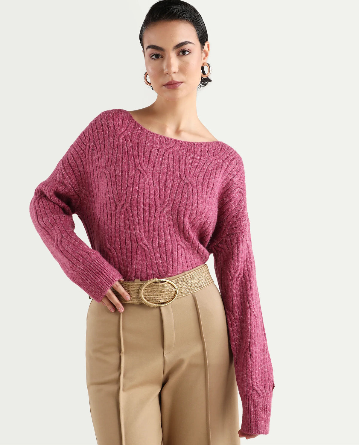 Rareism Women's Floran Pink Acrylic Crew Neck Plain Relaxed Fit Sweater