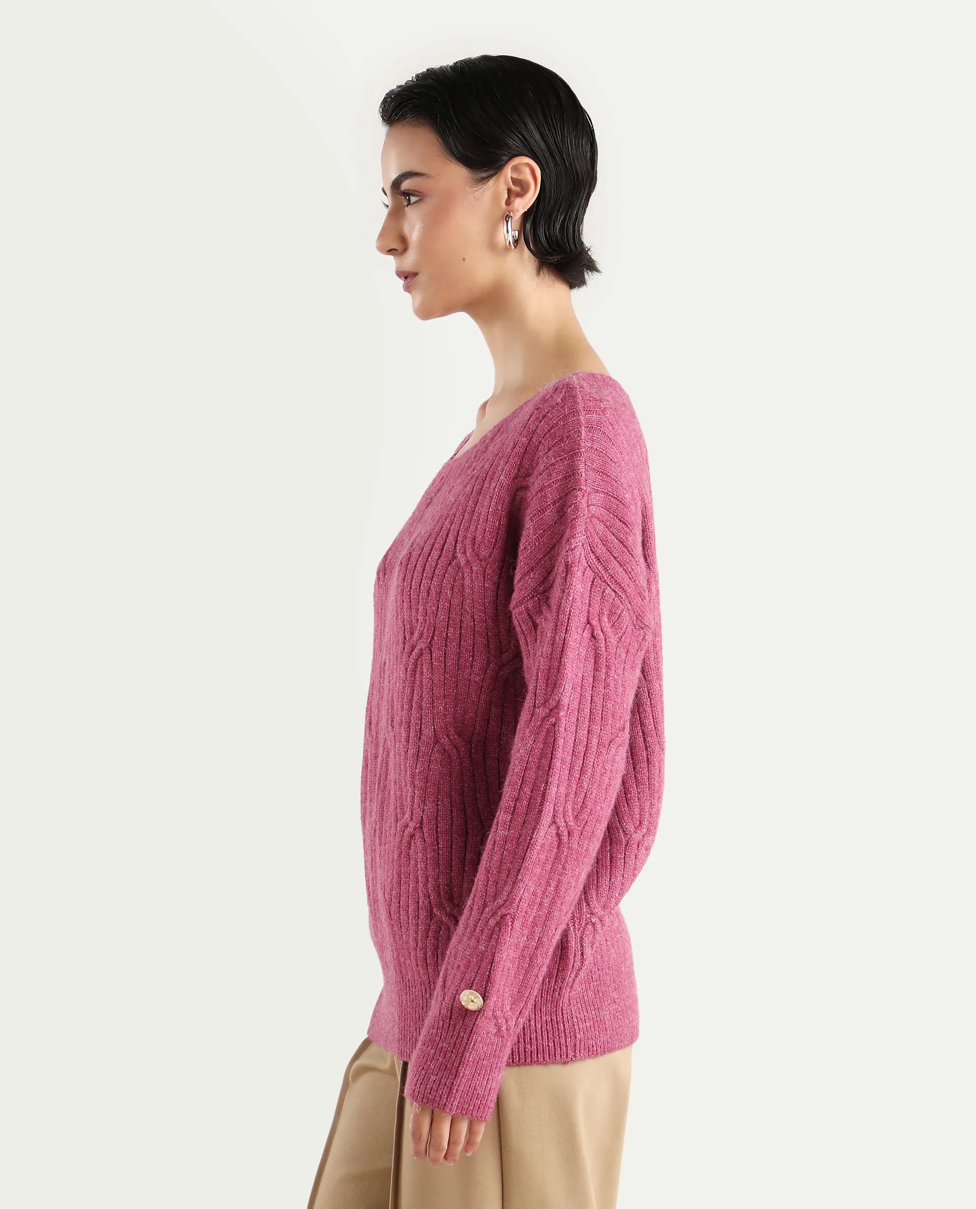 Rareism Women's Floran Pink Acrylic Crew Neck Plain Relaxed Fit Sweater