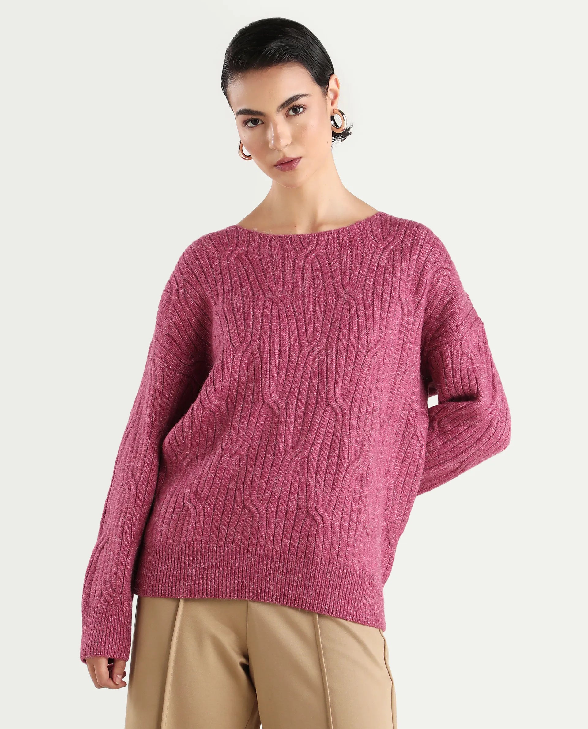 Rareism Women's Floran Pink Acrylic Crew Neck Plain Relaxed Fit Sweater