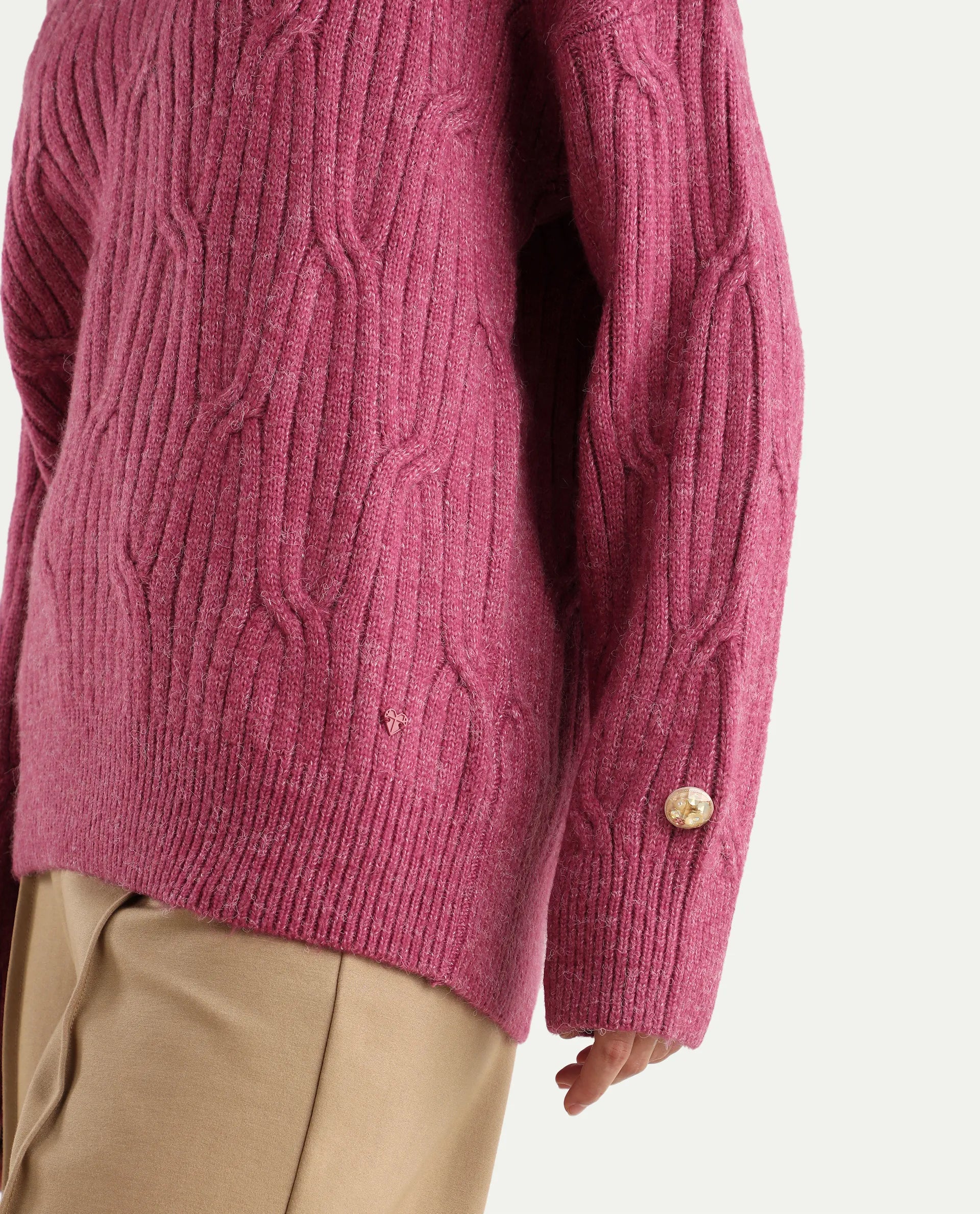 Rareism Women's Floran Pink Acrylic Crew Neck Plain Relaxed Fit Sweater