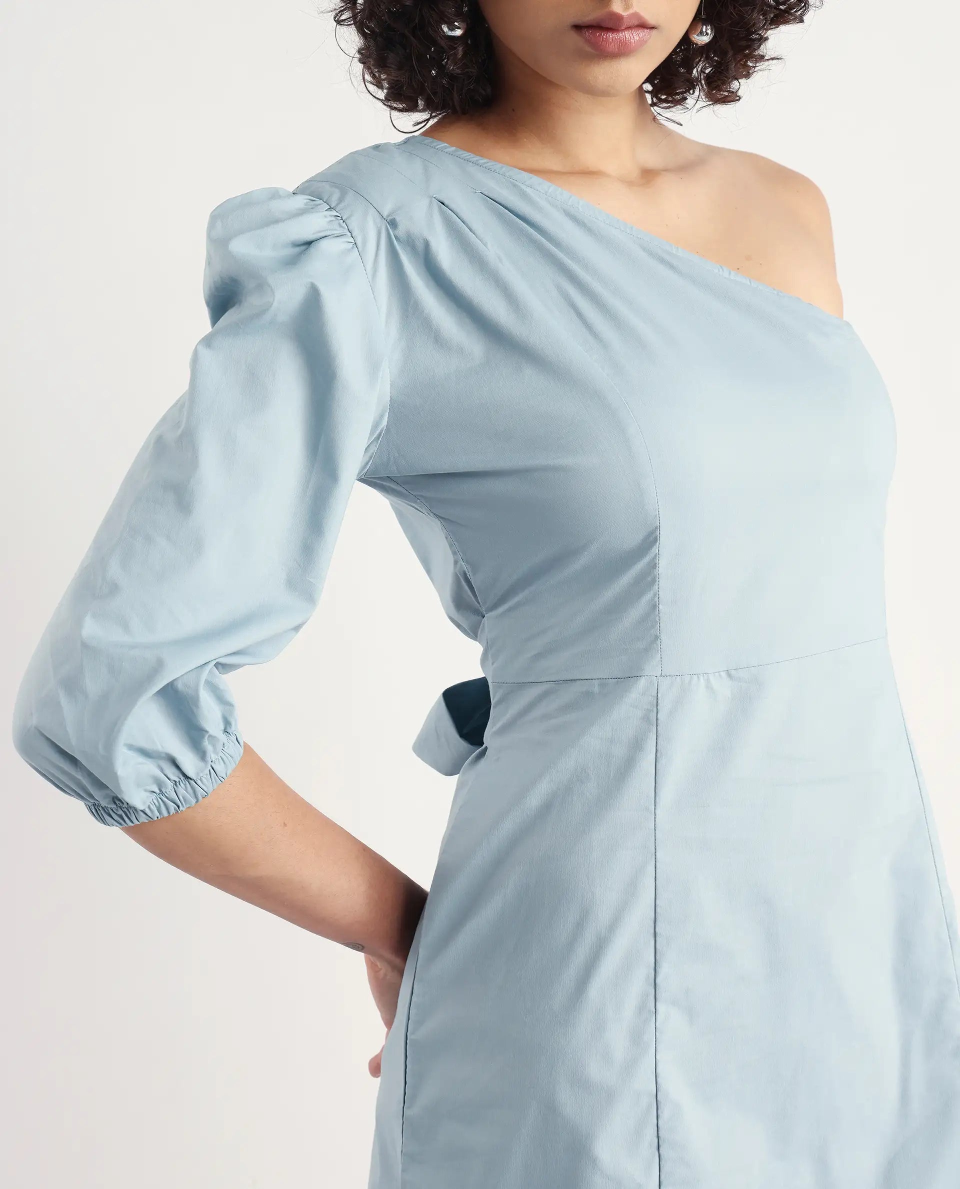 Rareism Women's Floris Blue Polyester Blend One Shoulder Plain Puff Sleeves Knee Length Slim Fit Dress