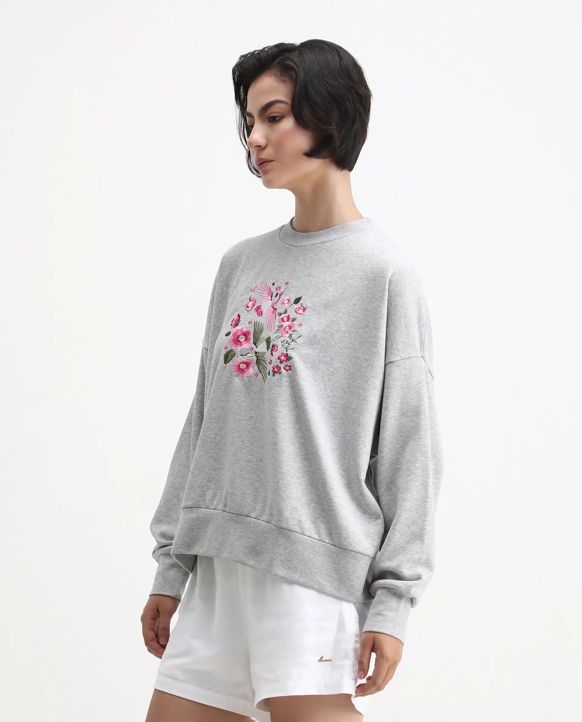 Rareism Women's Flor Light Grey Cotton Crew Neck Relaxed Fit Embroidered Sweatshirt