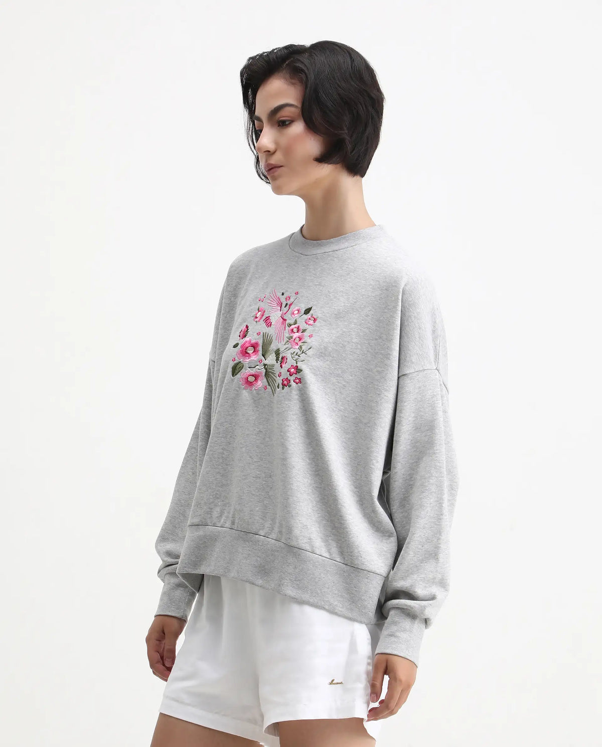 Rareism Women's Flor Light Grey Cotton Crew Neck Relaxed Fit Embroidered Sweatshirt