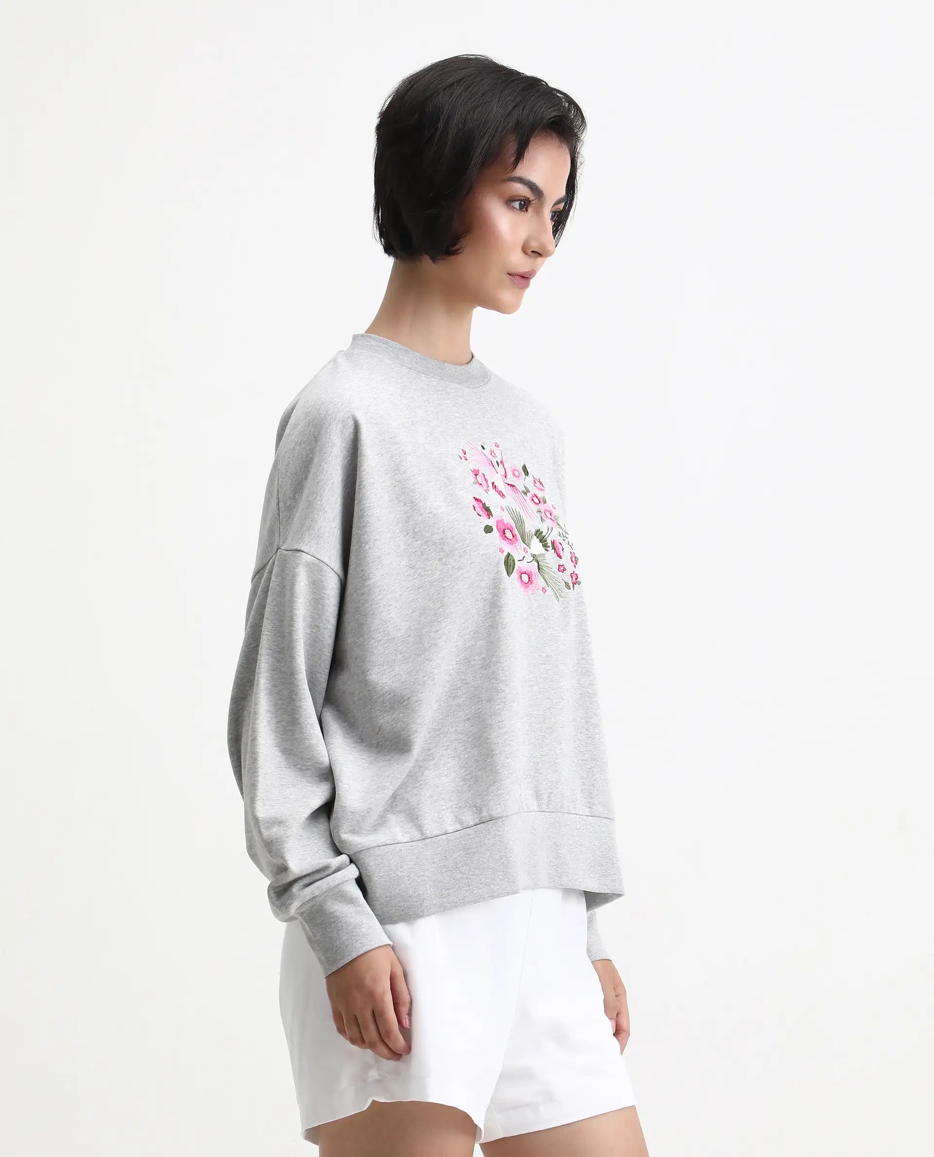 Rareism Women's Flor Light Grey Cotton Crew Neck Relaxed Fit Embroidered Sweatshirt