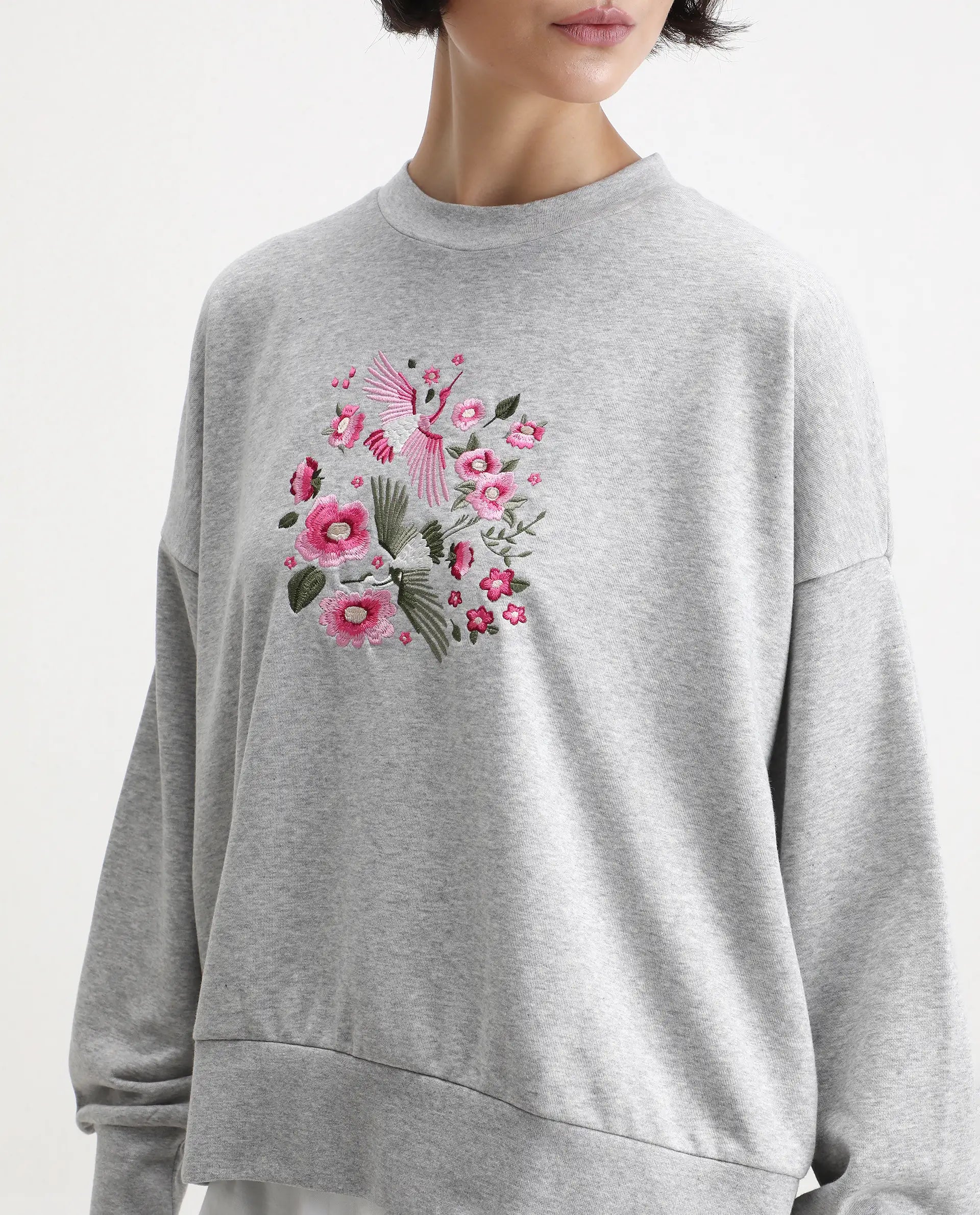 Rareism Women's Flor Light Grey Cotton Crew Neck Relaxed Fit Embroidered Sweatshirt