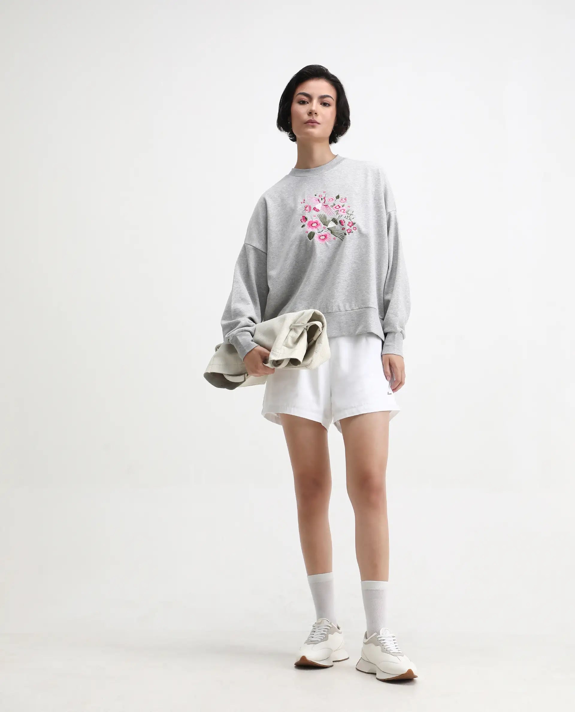 Rareism Women's Flor Light Grey Cotton Crew Neck Relaxed Fit Embroidered Sweatshirt