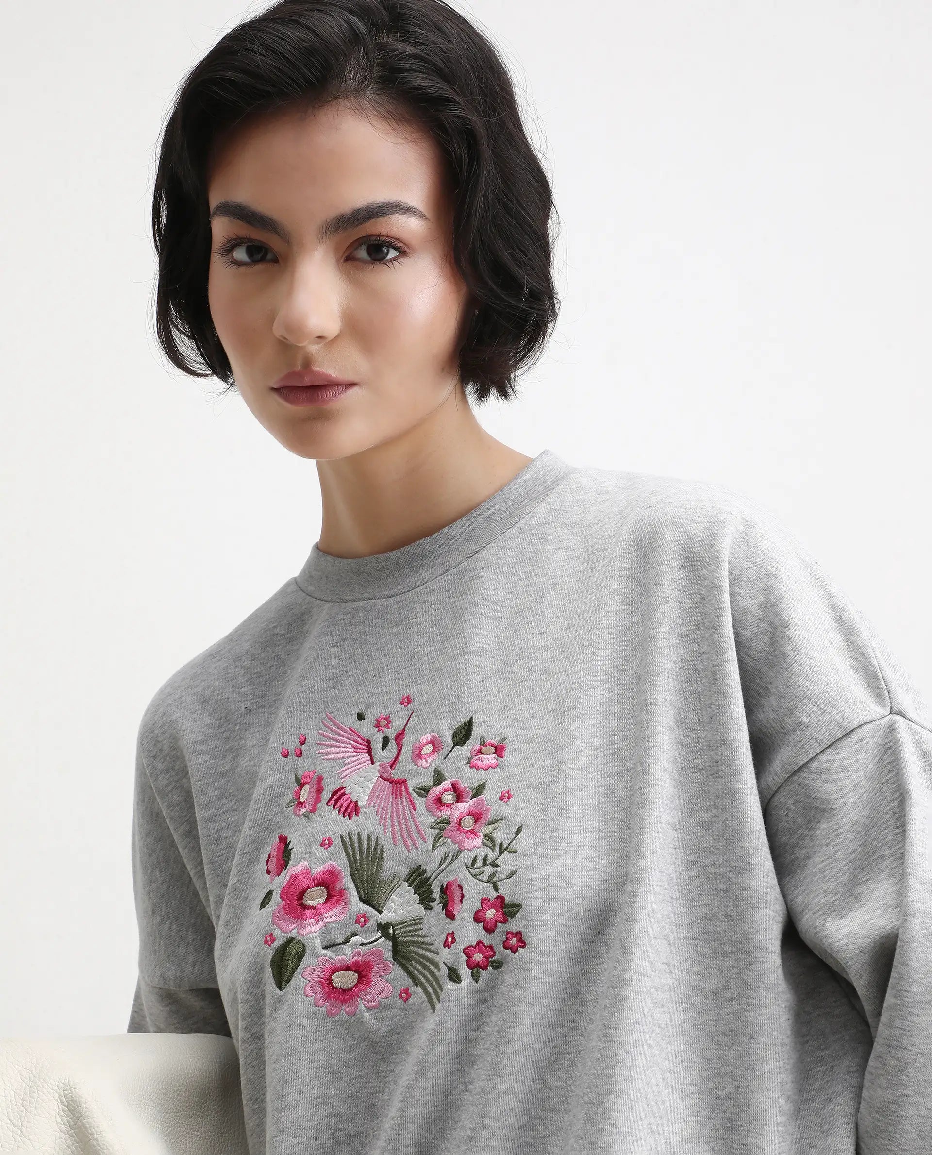 Rareism Women's Flor Light Grey Cotton Crew Neck Relaxed Fit Embroidered Sweatshirt