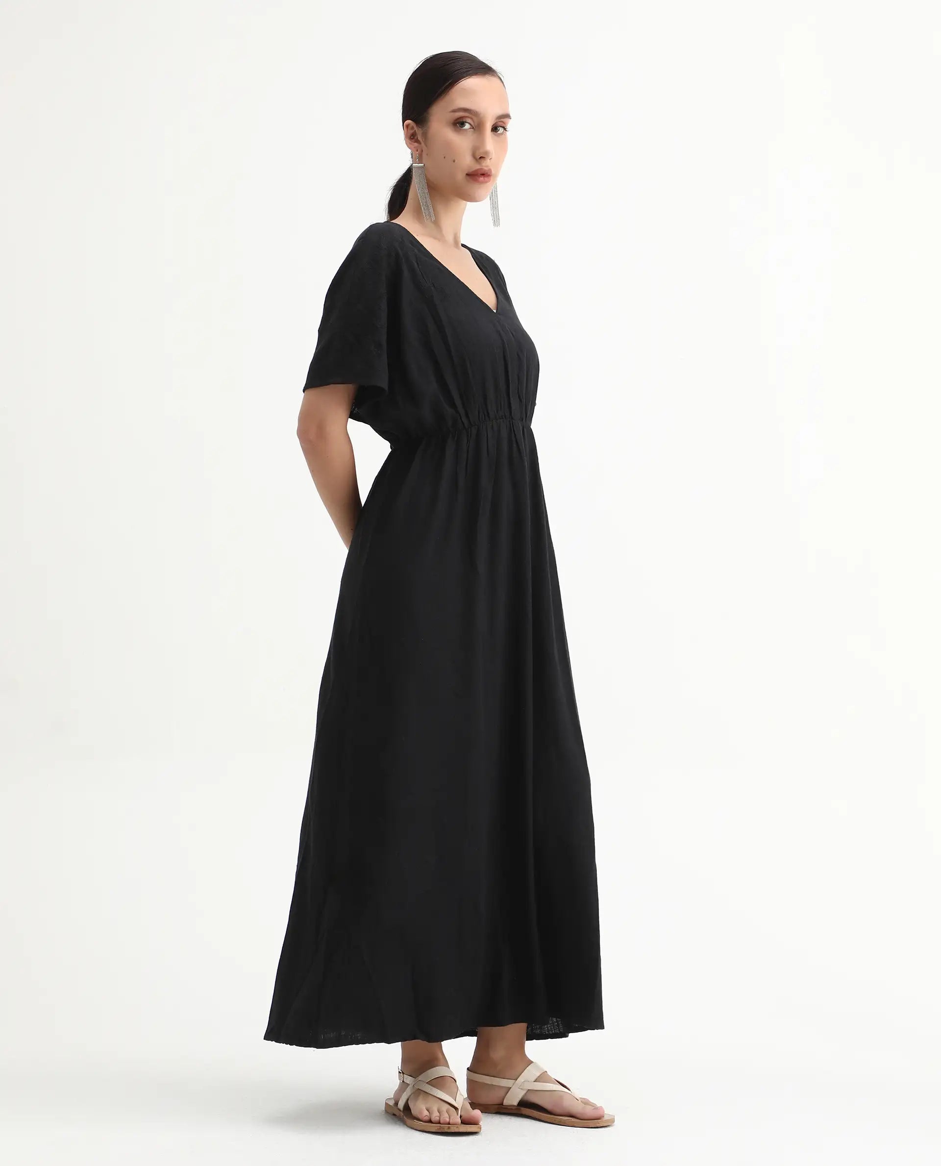 Rareism Women's Flynn Light Black Cotton Blend V-Neck Plain Extended Sleeves Maxi Fit And Flare Dress
