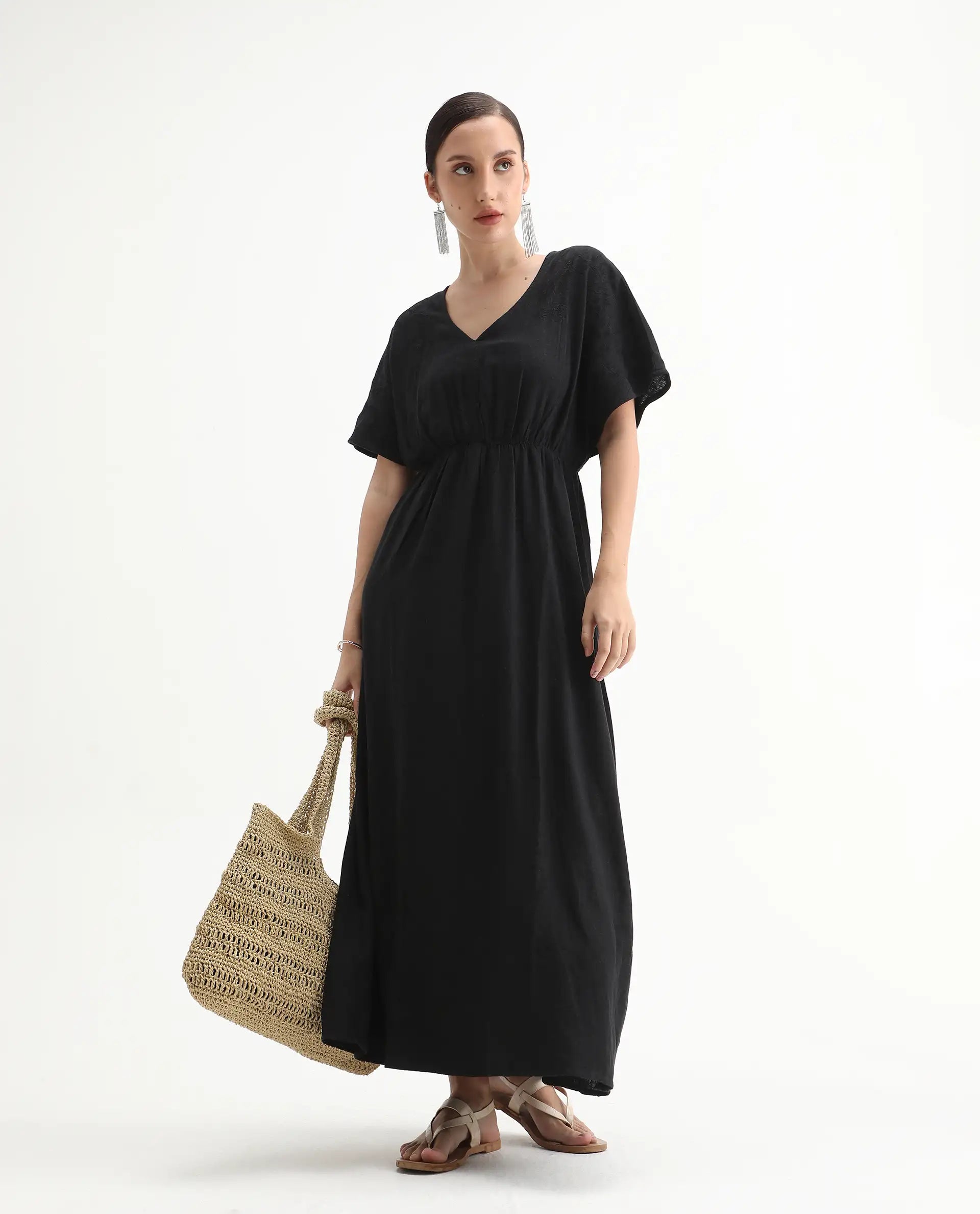 Rareism Women's Flynn Light Black Cotton Blend V-Neck Plain Extended Sleeves Maxi Fit And Flare Dress