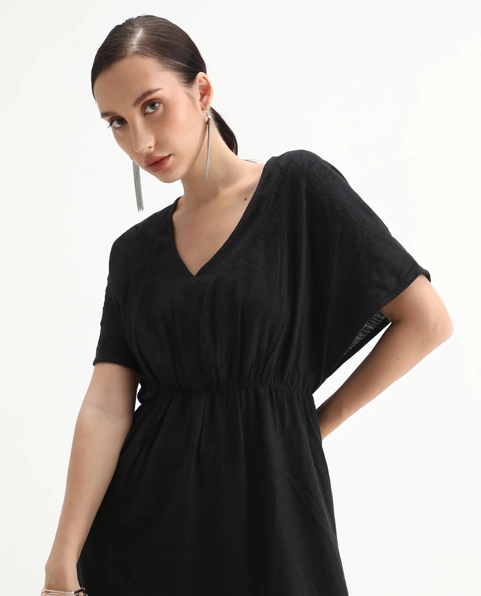Rareism Women's Flynn Light Black Cotton Blend V-Neck Plain Extended Sleeves Maxi Fit And Flare Dress