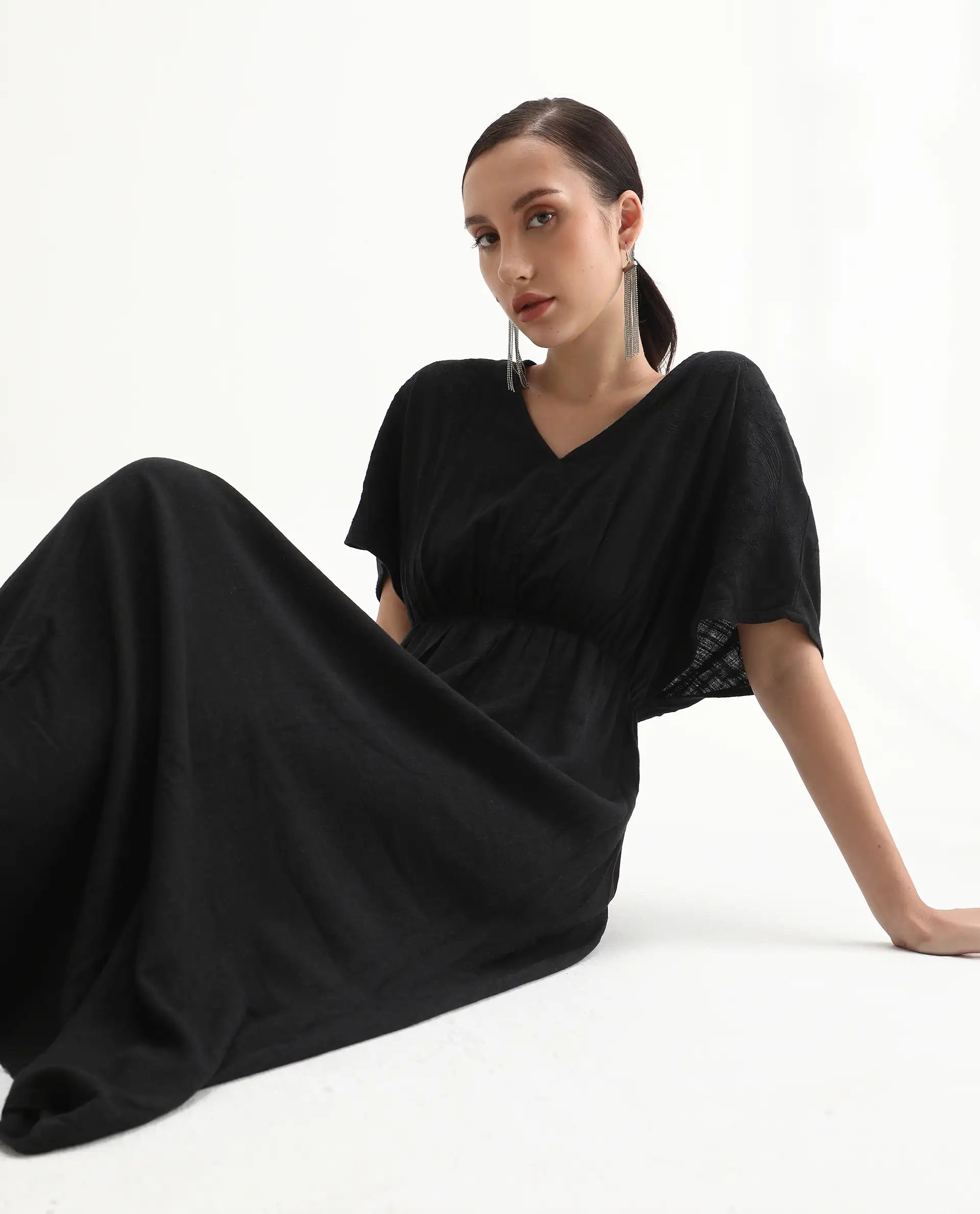 Rareism Women's Flynn Light Black Cotton Blend V-Neck Plain Extended Sleeves Maxi Fit And Flare Dress