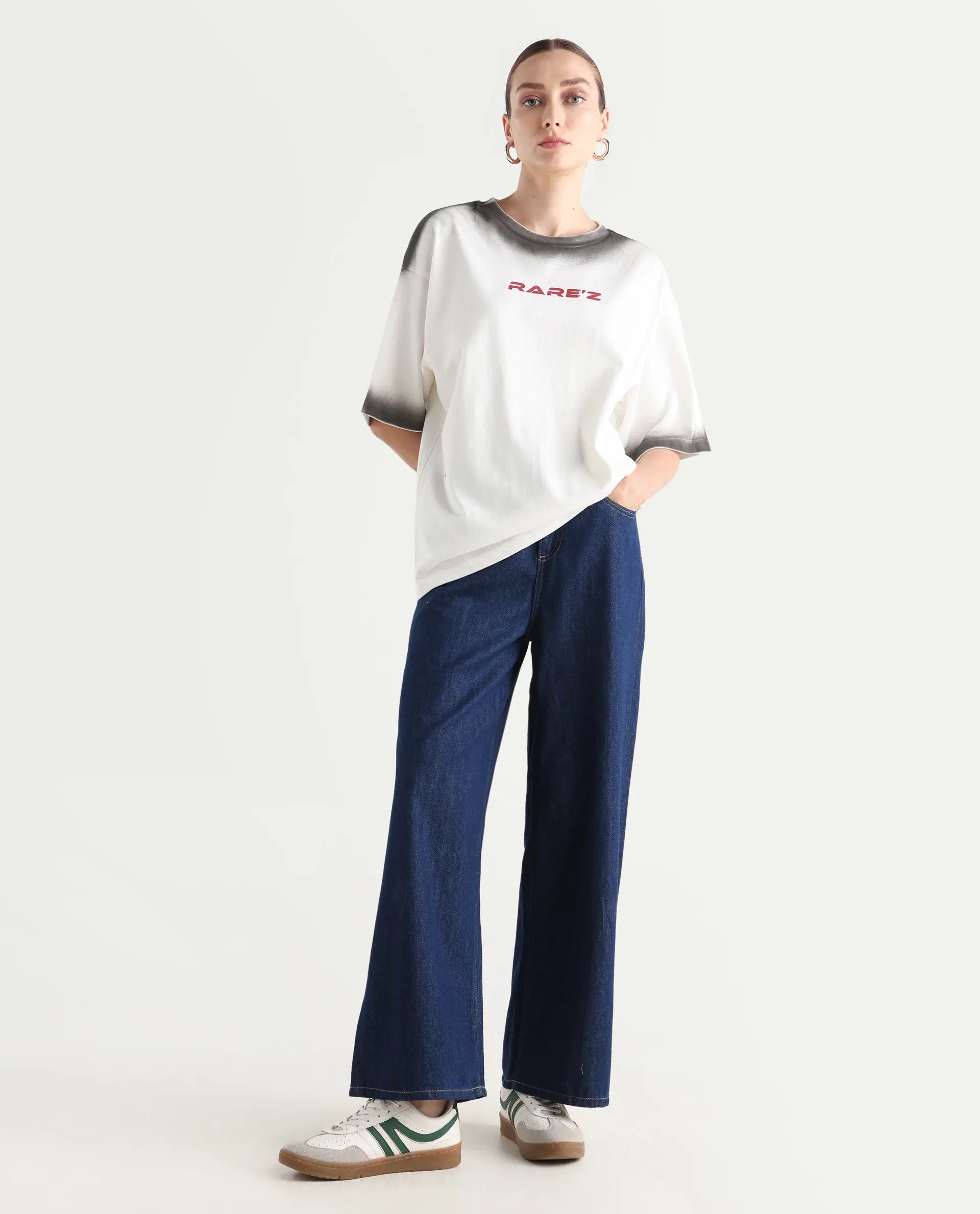 Rareism Women's Foakoe Off White Cotton Graphic Print Oversized T-Shirt Oversize