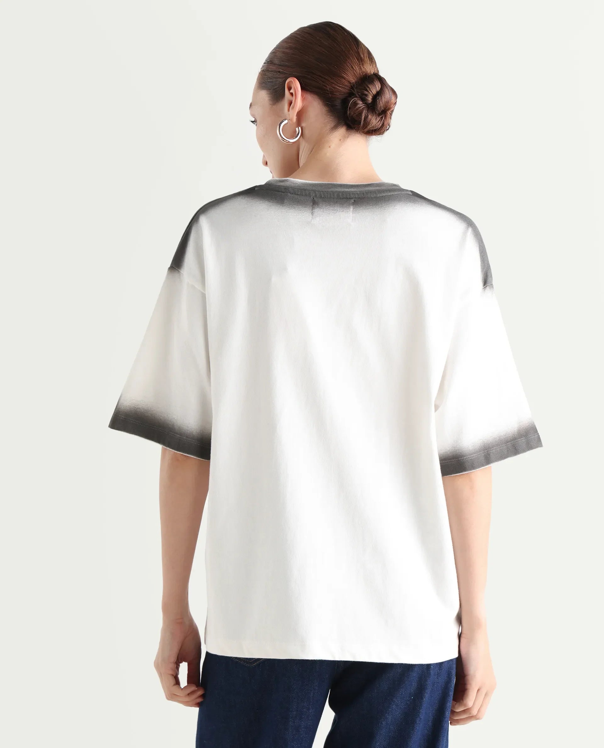 Rareism Women's Foakoe Off White Cotton Graphic Print Oversized T-Shirt Oversize