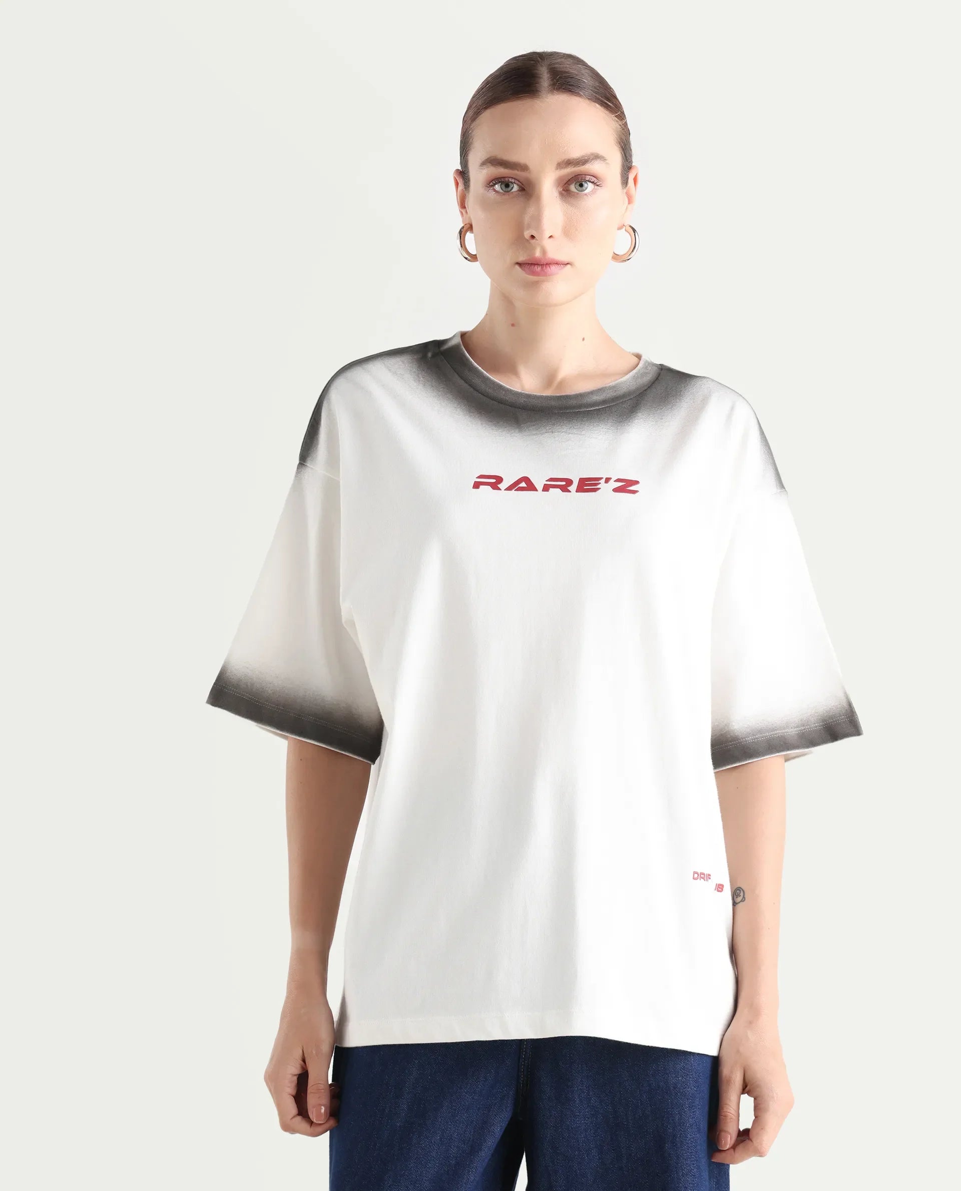 Rareism Women's Foakoe Off White Cotton Graphic Print Oversized T-Shirt Oversize