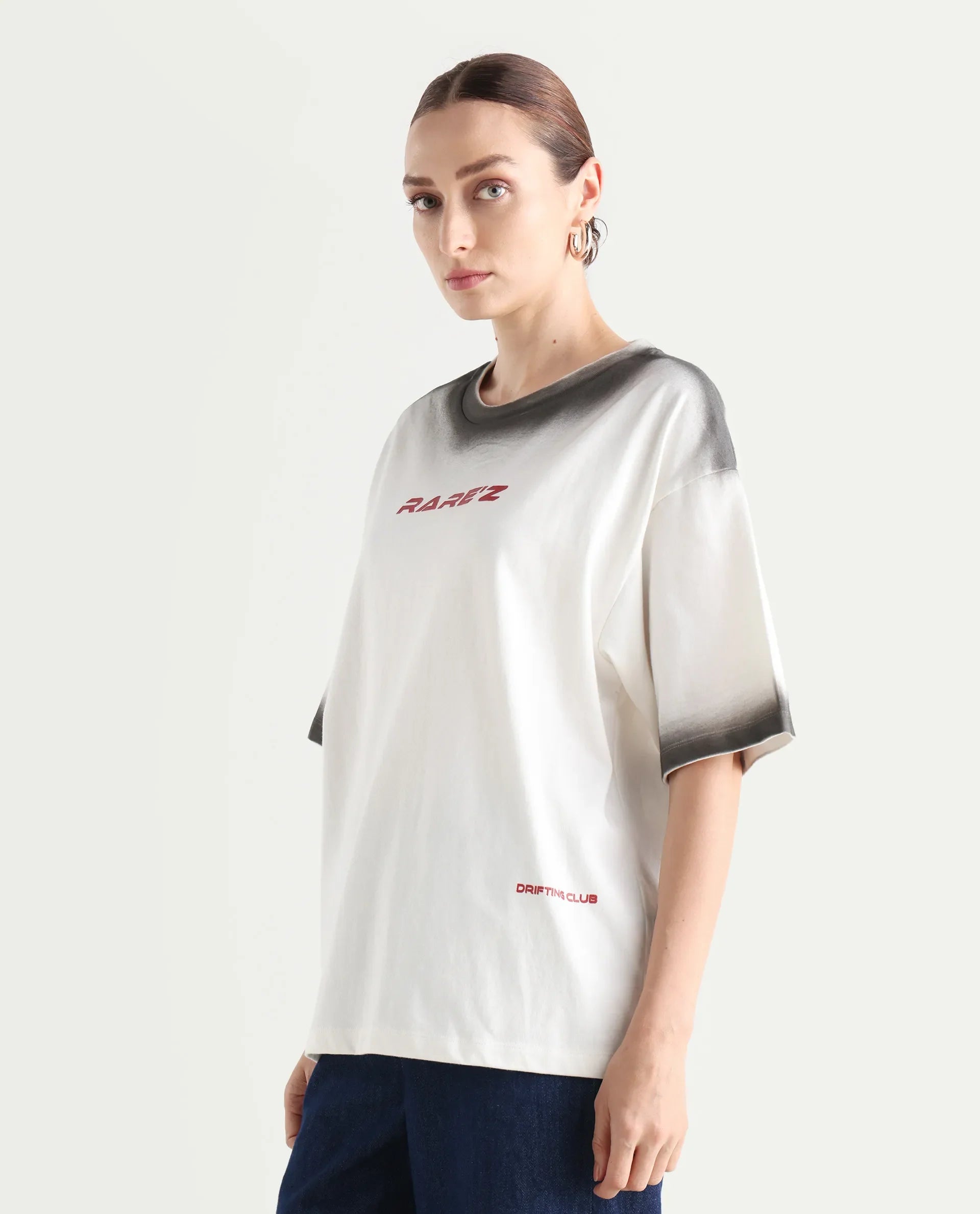 Rareism Women's Foakoe Off White Cotton Graphic Print Oversized T-Shirt Oversize