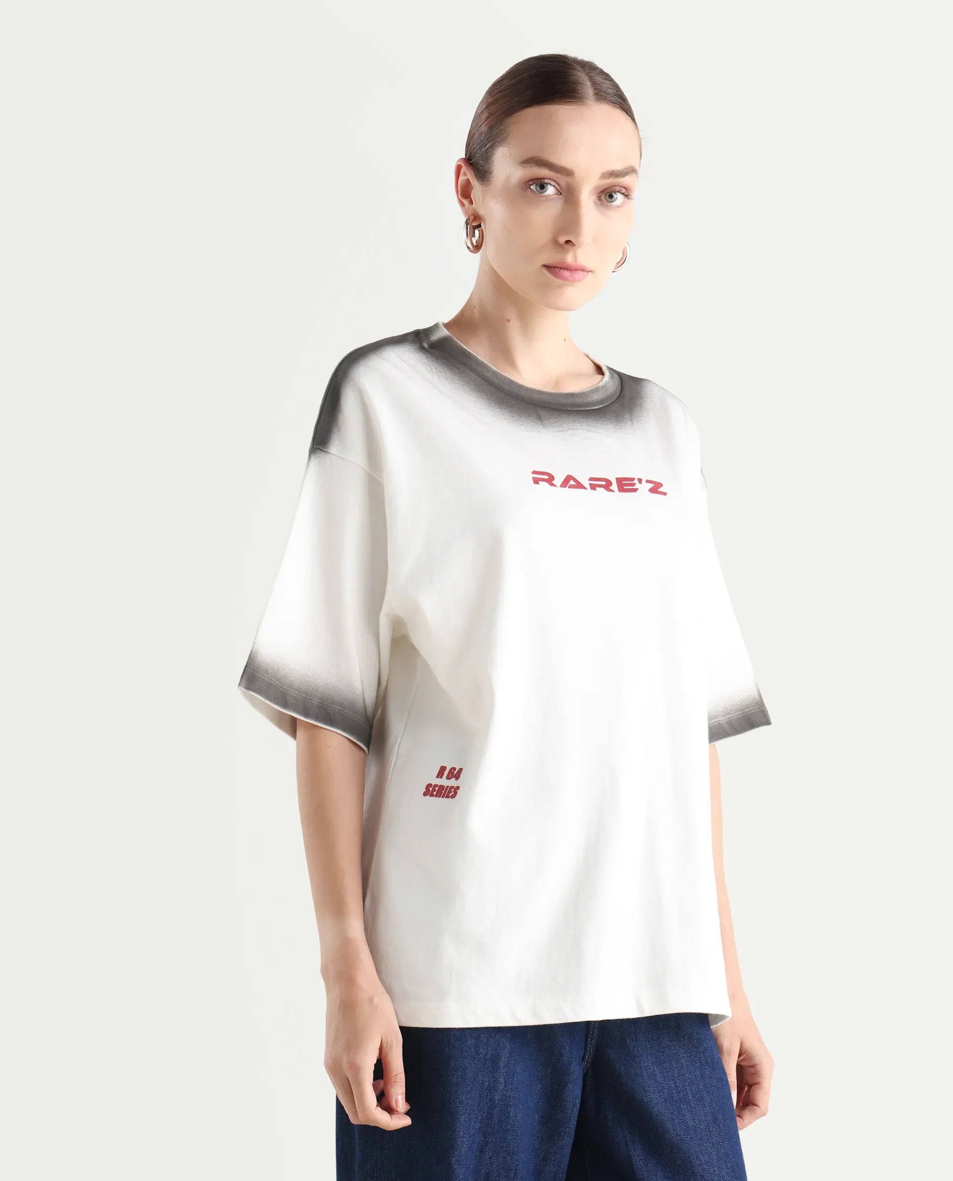 Rareism Women's Foakoe Off White Cotton Graphic Print Oversized T-Shirt Oversize