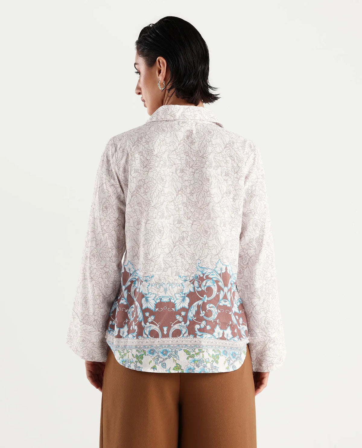 Rareism Women's Fofianie Light Brown Cotton Blend Drop Collar Abstract Print Bell Sleeve Regular Fit Top