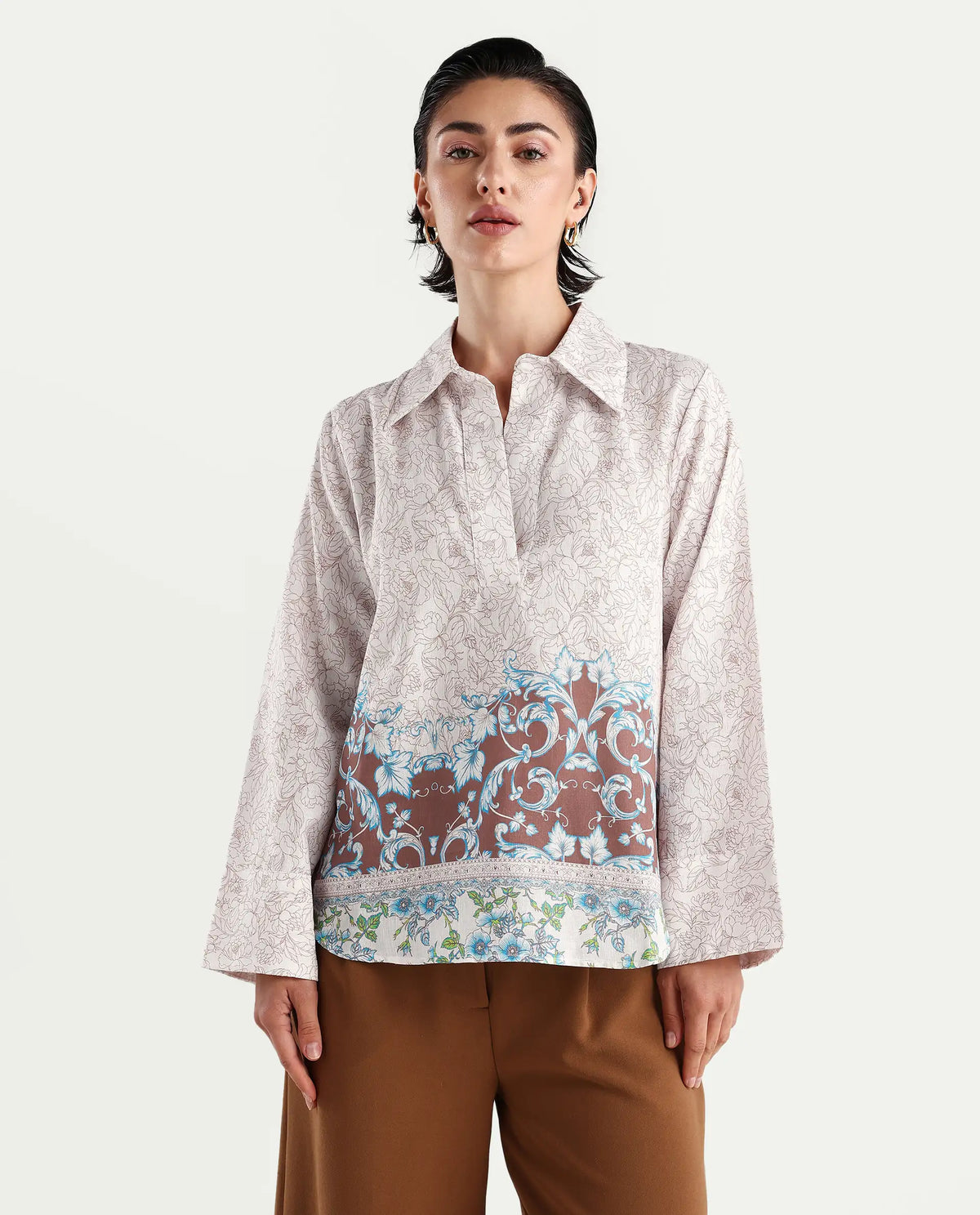 Rareism Women's Fofianie Light Brown Cotton Blend Drop Collar Abstract Print Bell Sleeve Regular Fit Top